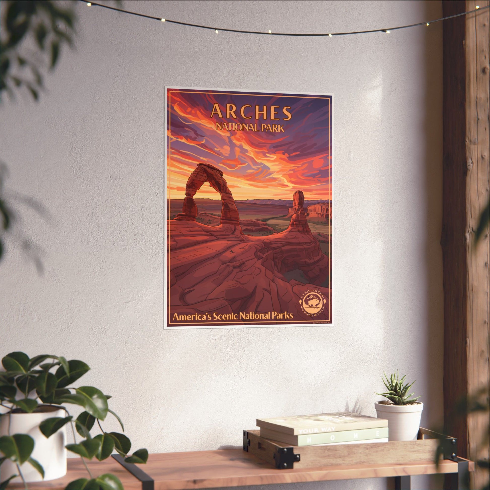 Arches National Park poster on a wall with decorative elements