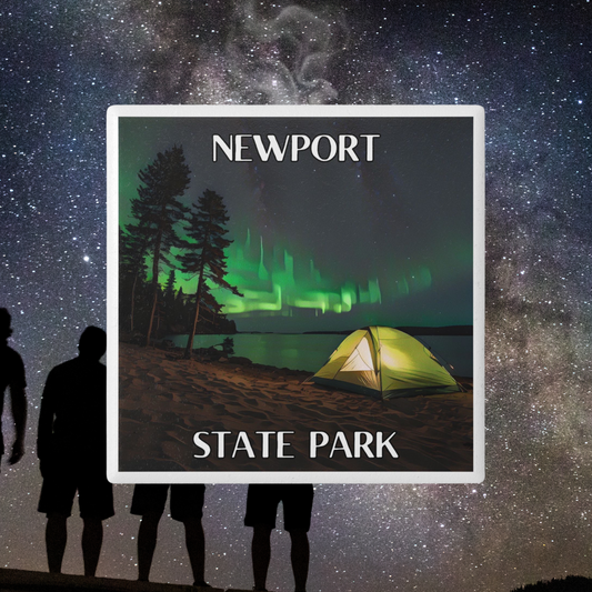 Ceramic Coaster featuring a tent on the shore of a lake and northern lights in the sky.  Features the Text: Newport State Park.  Photo background: people looking at a star filled sky.