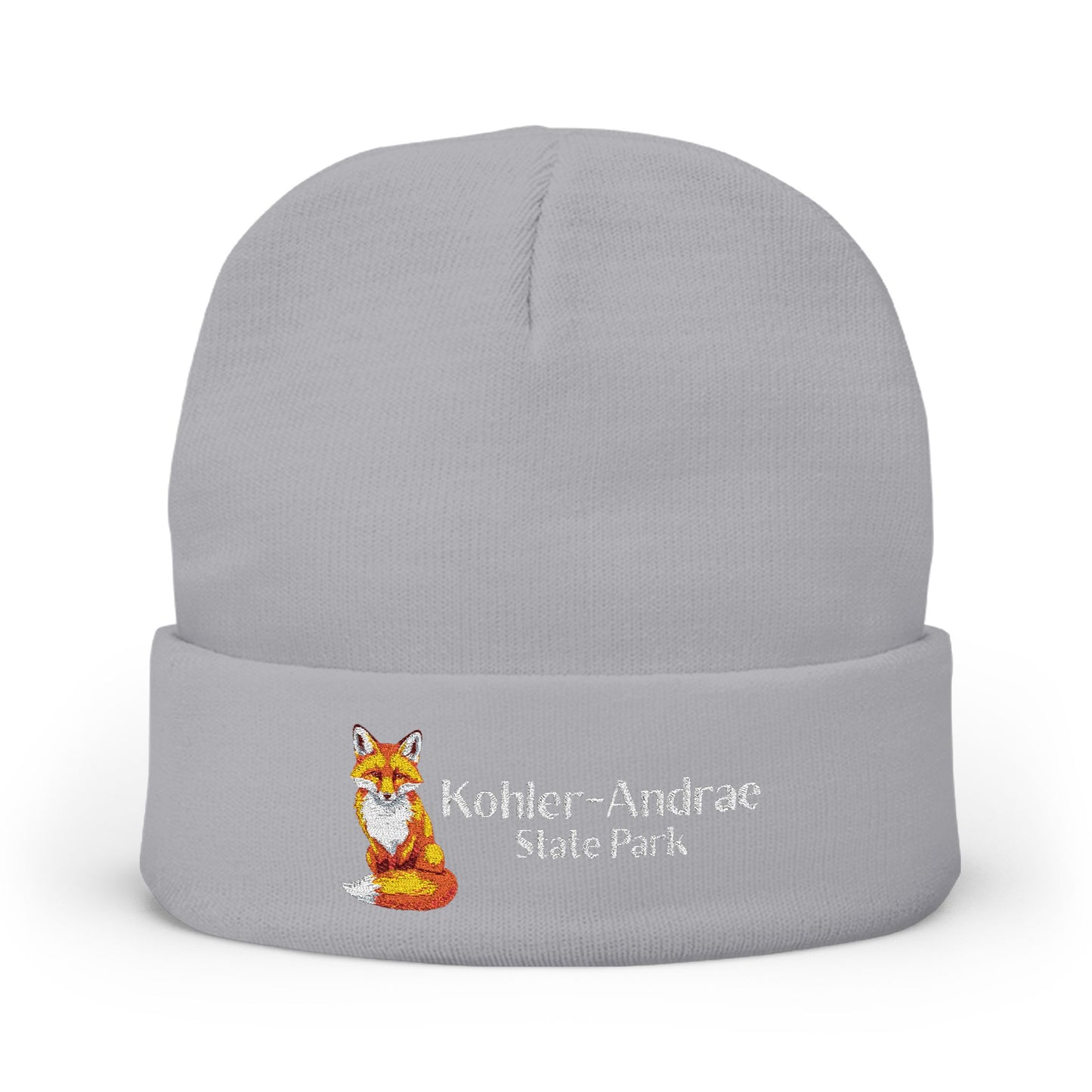 Gray beanie with embroidered fox design and Kohler-Andrae State Park text on a white background