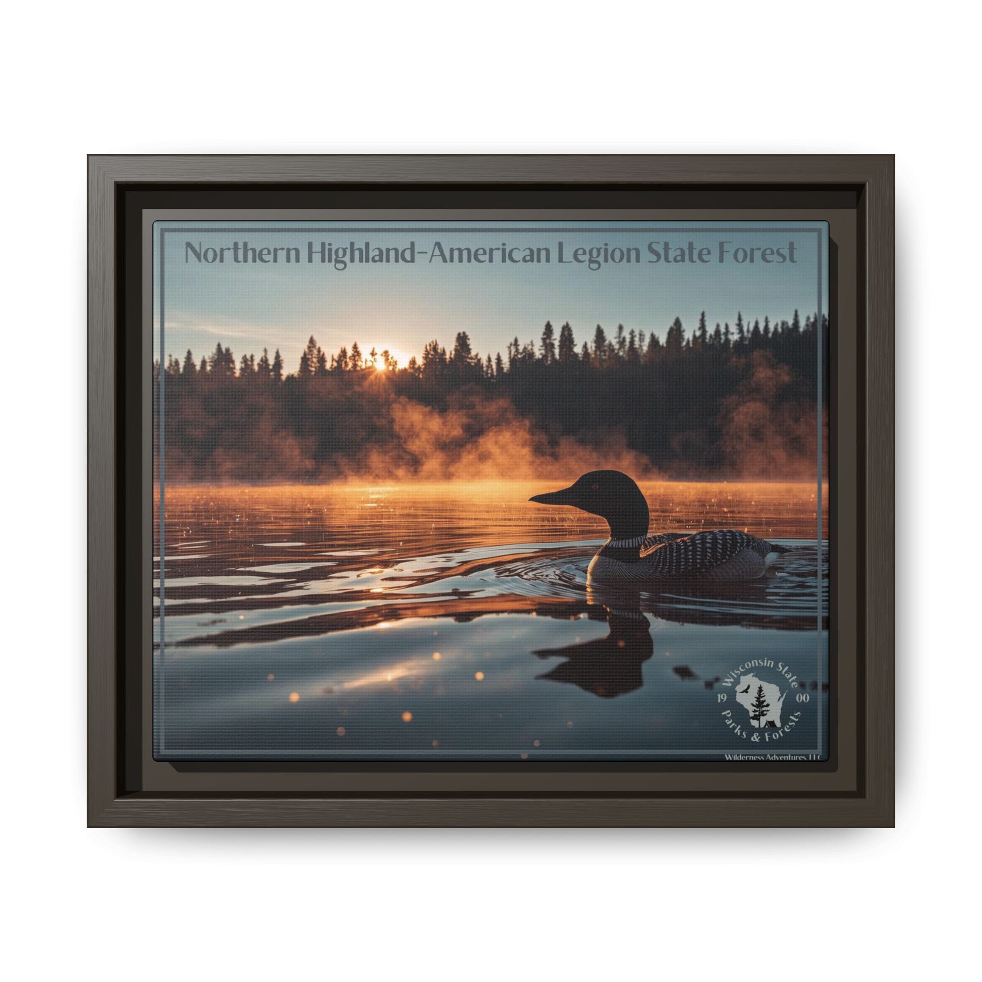 Espresso framed canvas art depicting a loon swimming on a lake in the early morning as mist rises from the water.