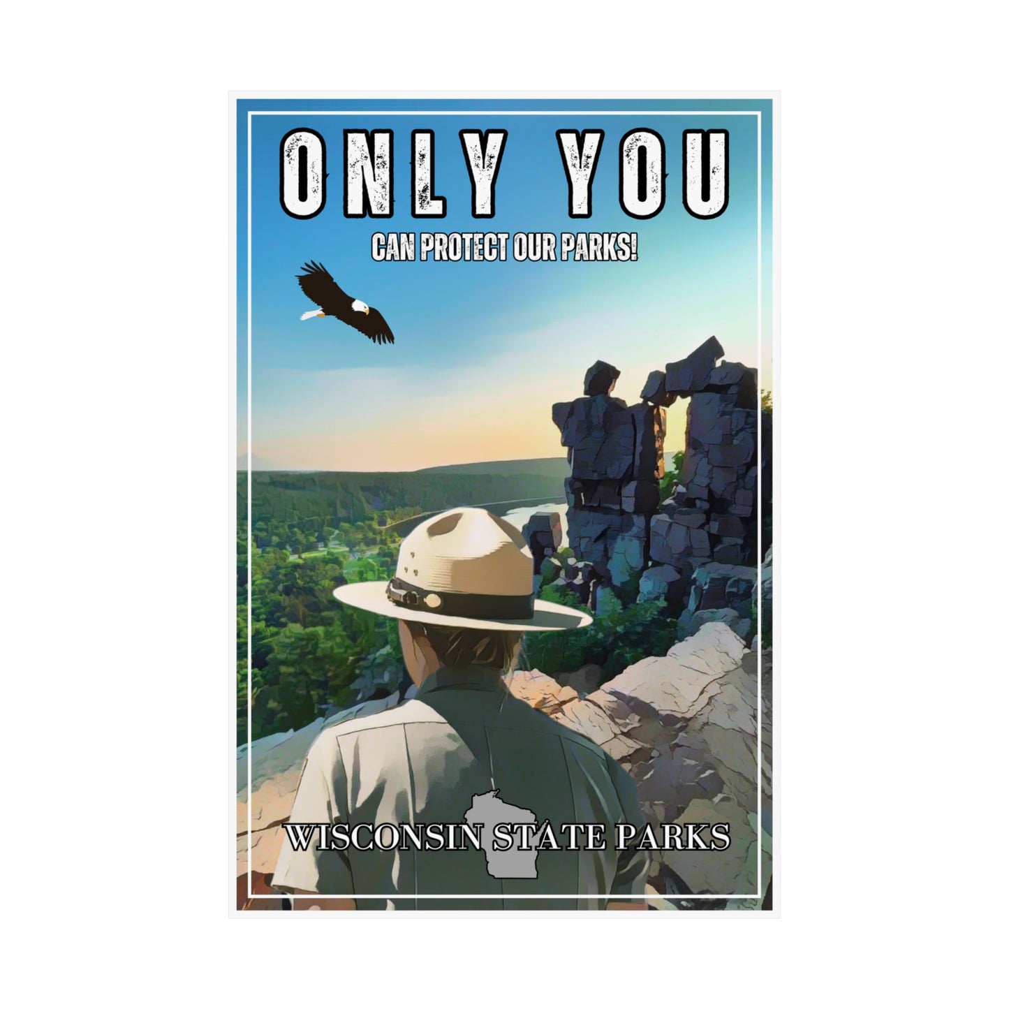 CCC inspired poster depicting a ranger looking out over Devils Lake State Park.