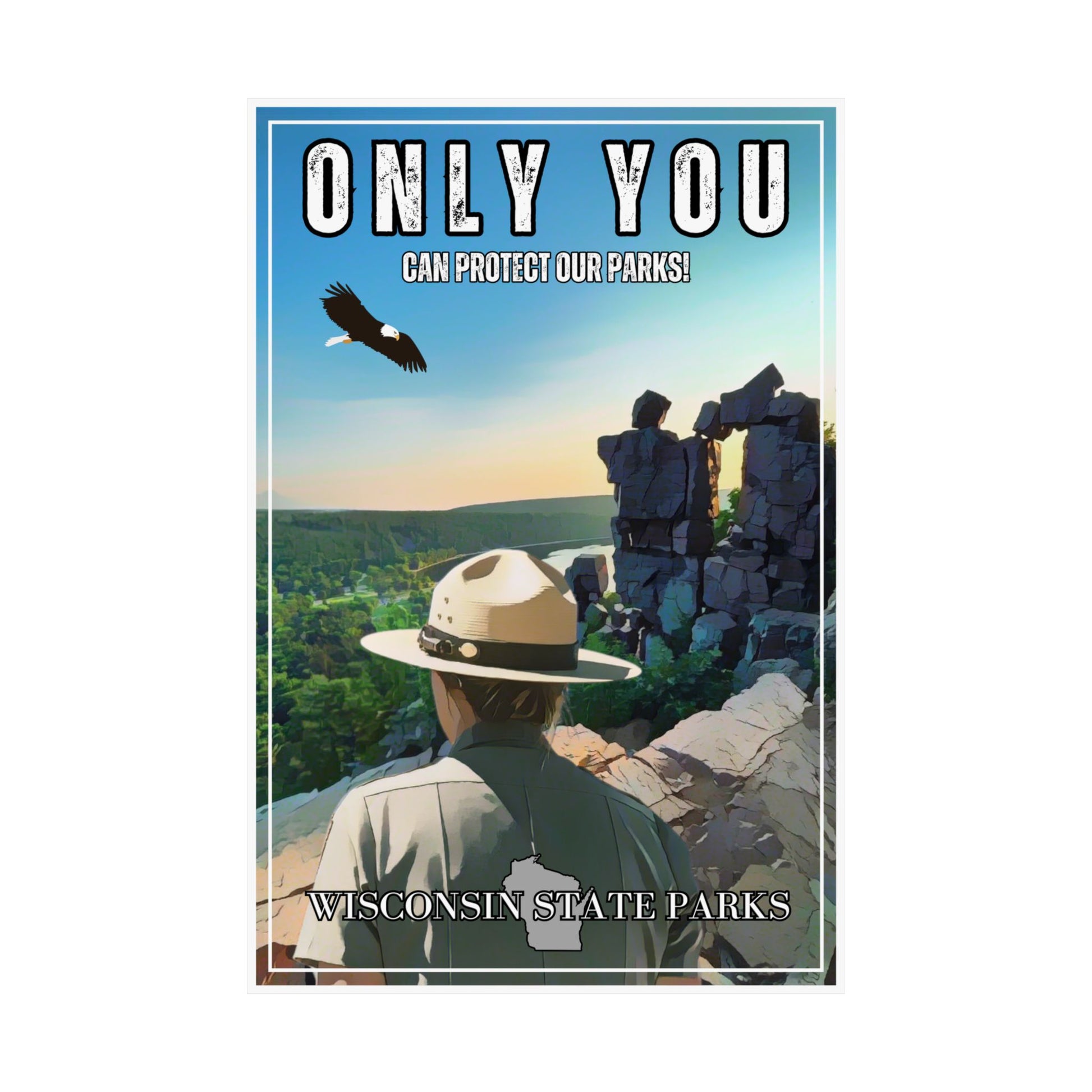 CCC inspired poster depicting a ranger looking out over Devils Lake State Park.