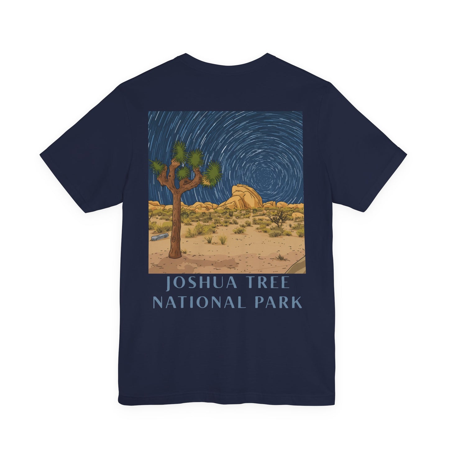 Navy blue t-shirt with a Joshua Tree National Park graphic on a white background