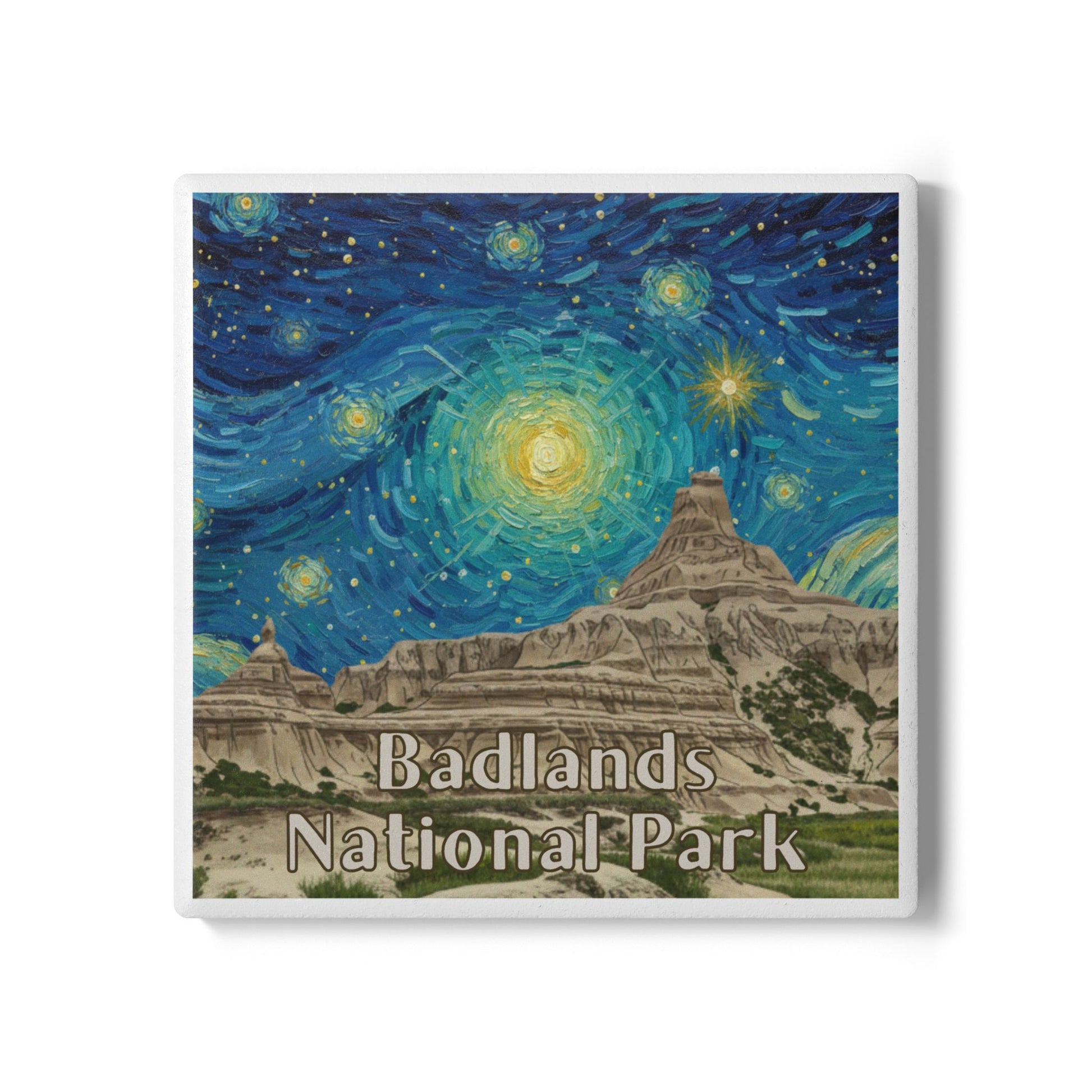 Ceramic Coaster of Badlands National Park with a starry night sky design.