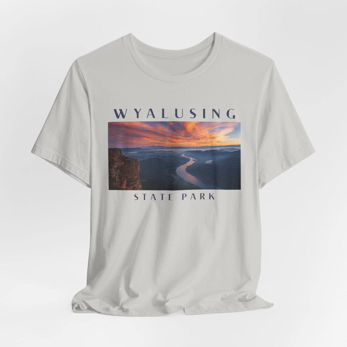 Silver t-shirt with Wyalusing State Park graphic on a white background