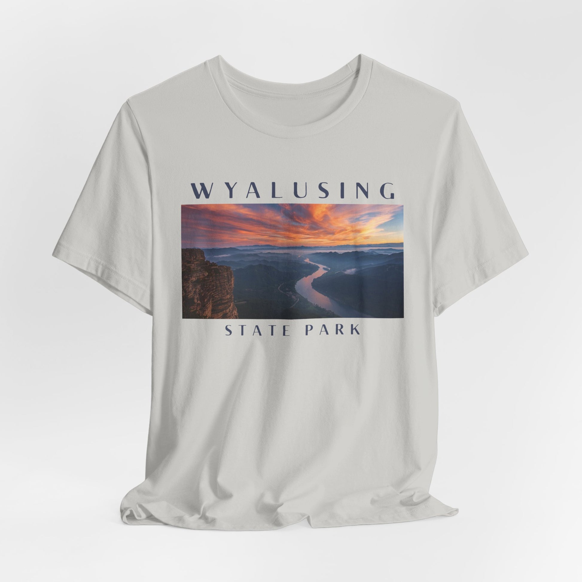 Silver t-shirt with Wyalusing State Park graphic on a white background