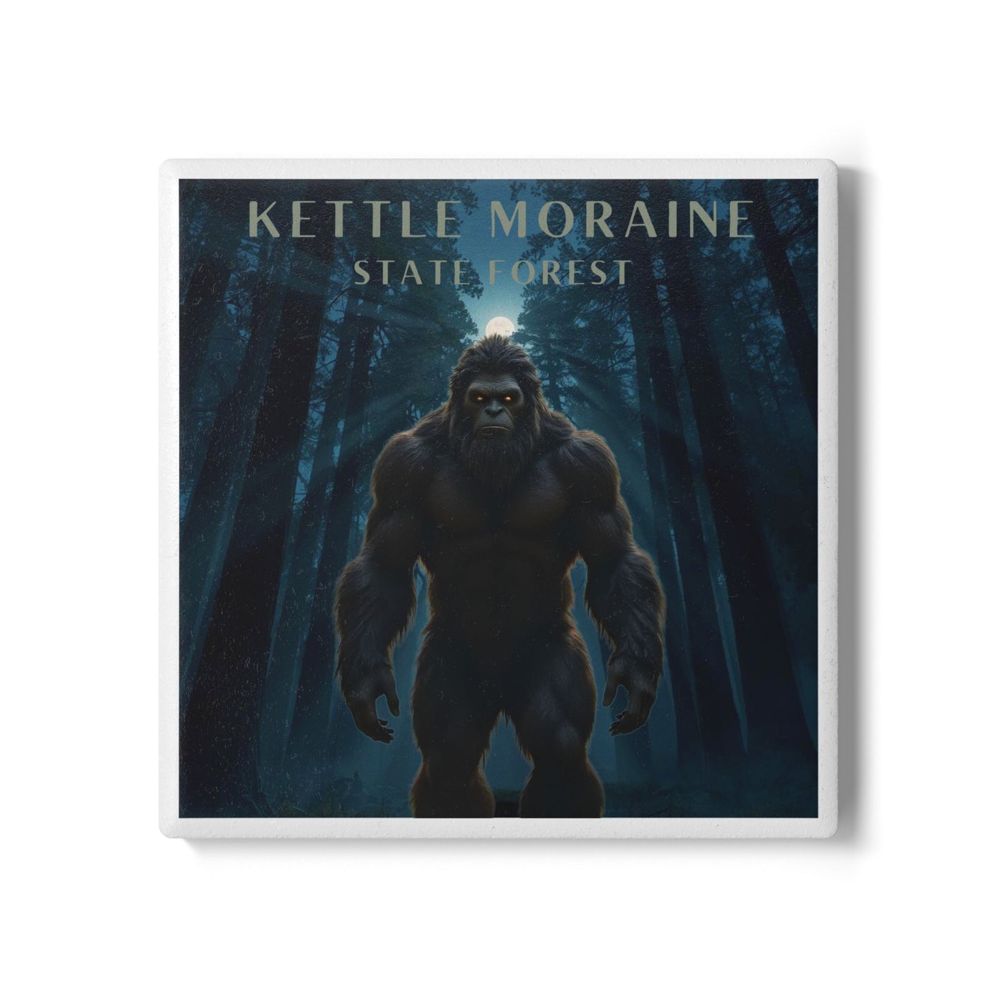 Ceramic Coaster with Bigfoot-like creature in a forest with 'Kettle Moraine State Forest' text