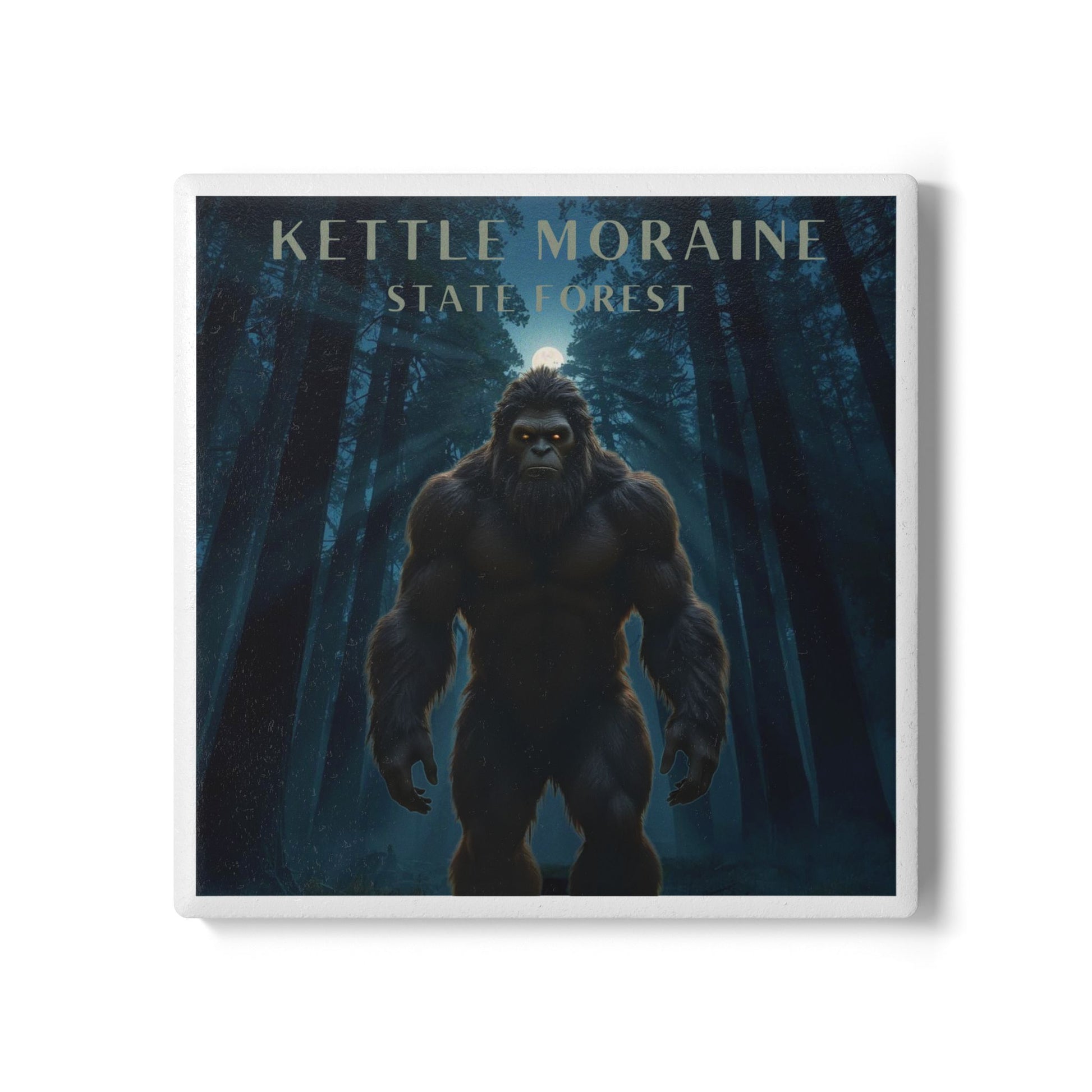 Ceramic Coaster with Bigfoot-like creature in a forest with 'Kettle Moraine State Forest' text