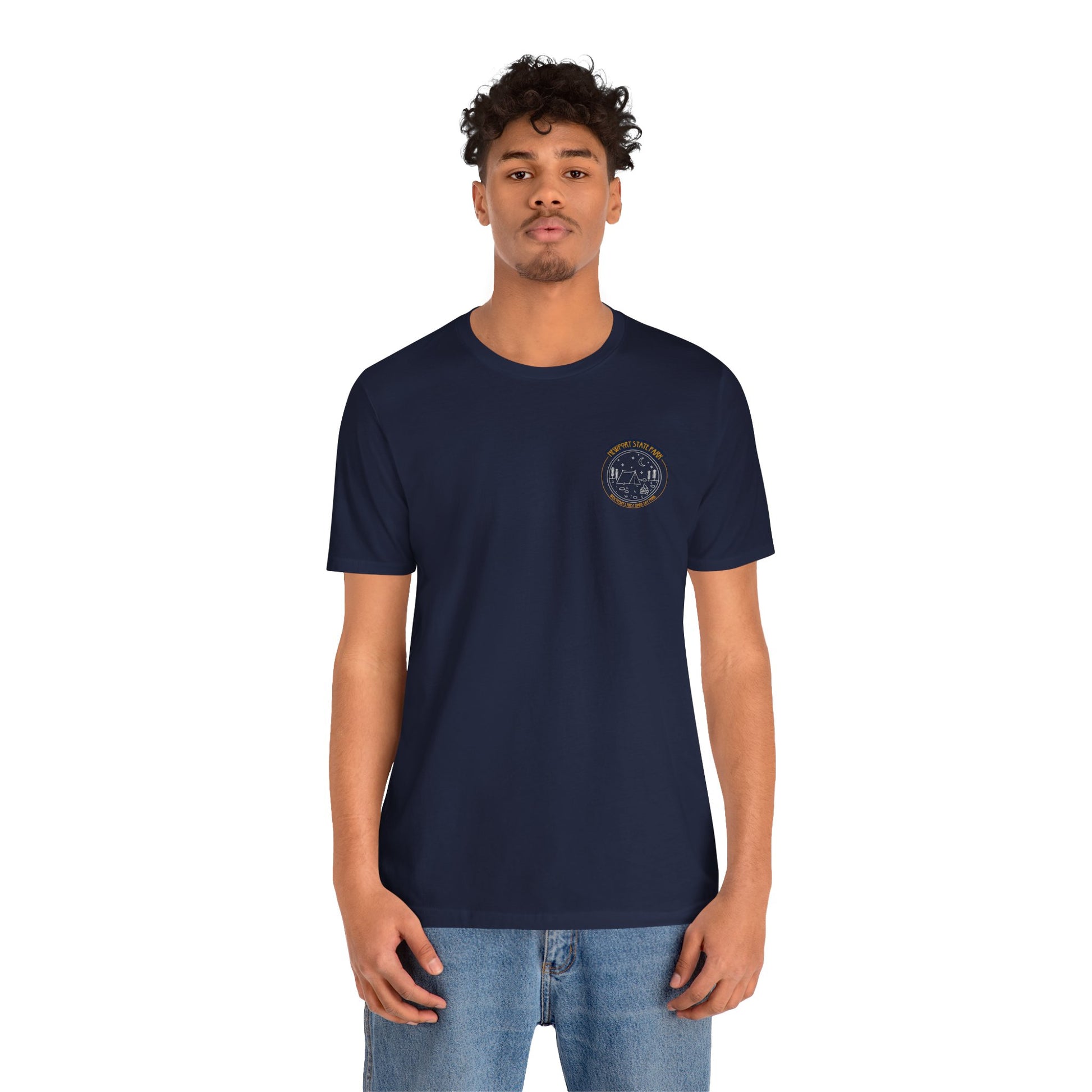 Male model wearing navy Newport shirt showing front design.