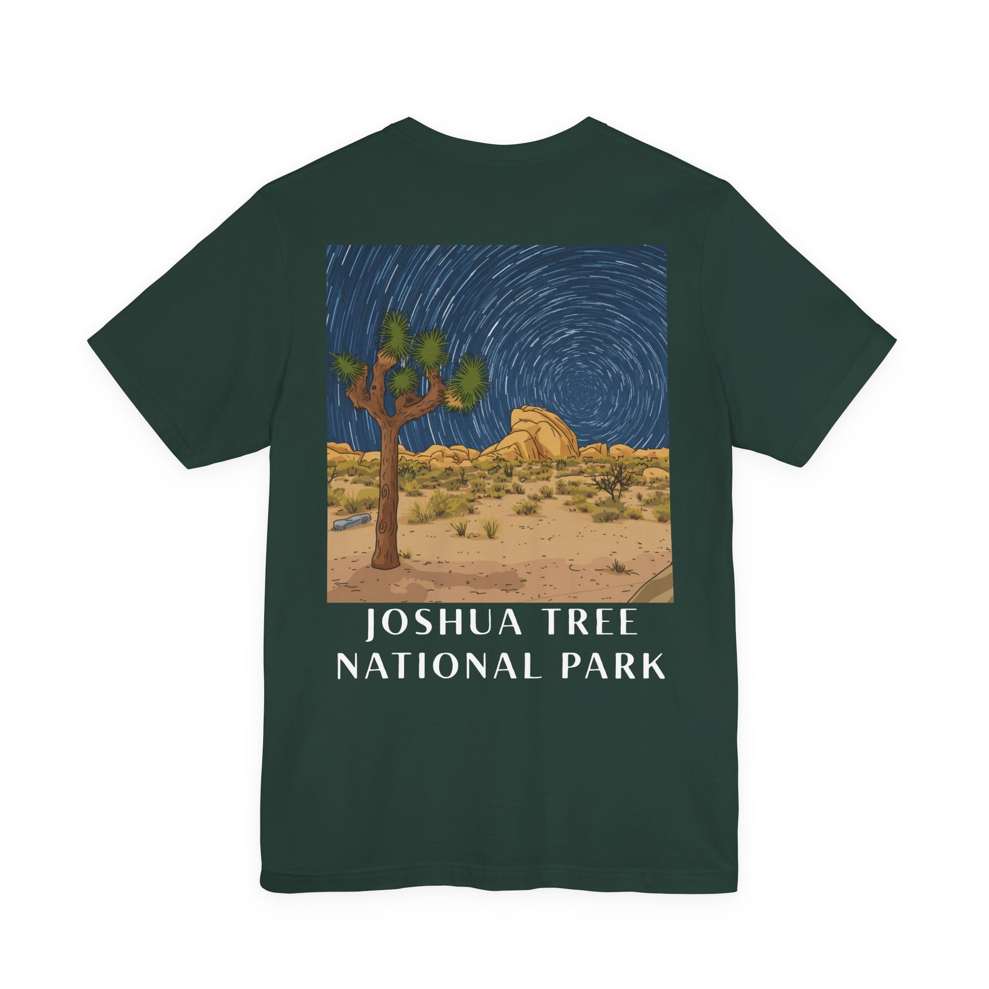 Green t-shirt with a Joshua Tree National Park graphic on a white background