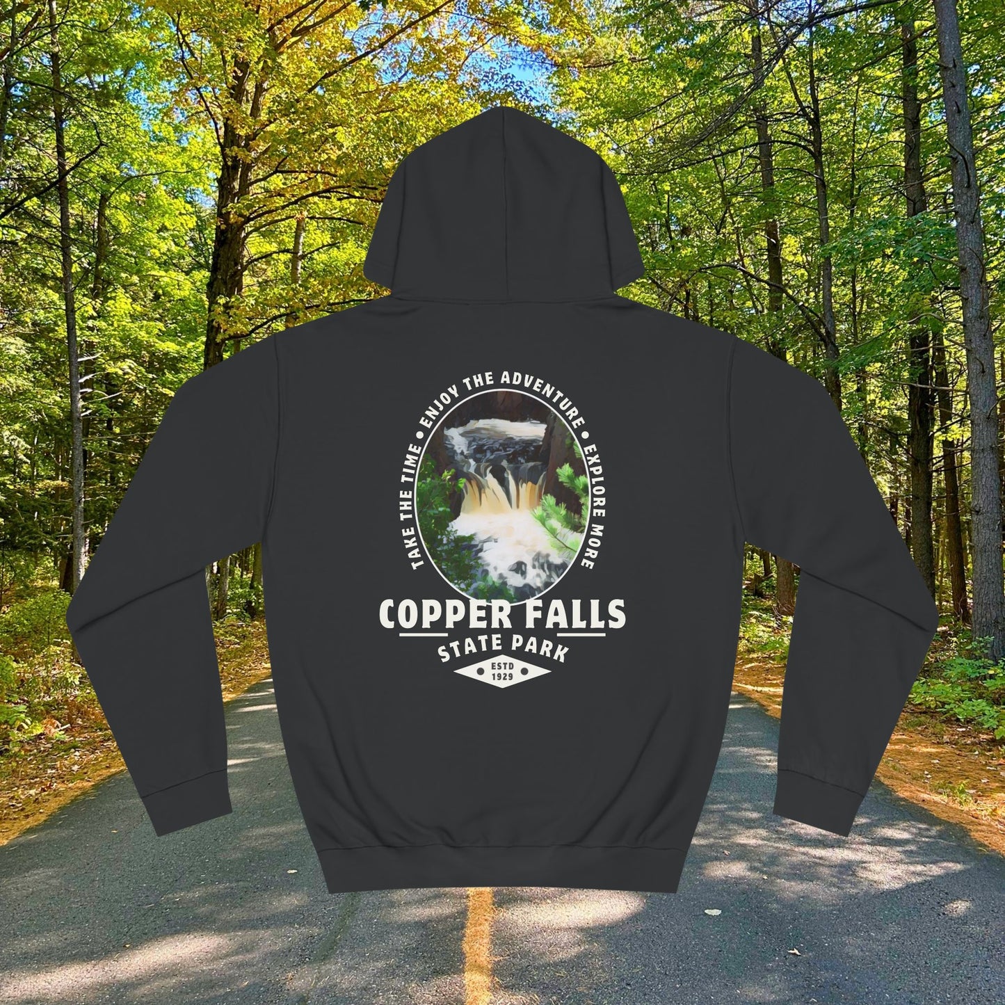 Copper falls sweatshirt front design in jet black. 