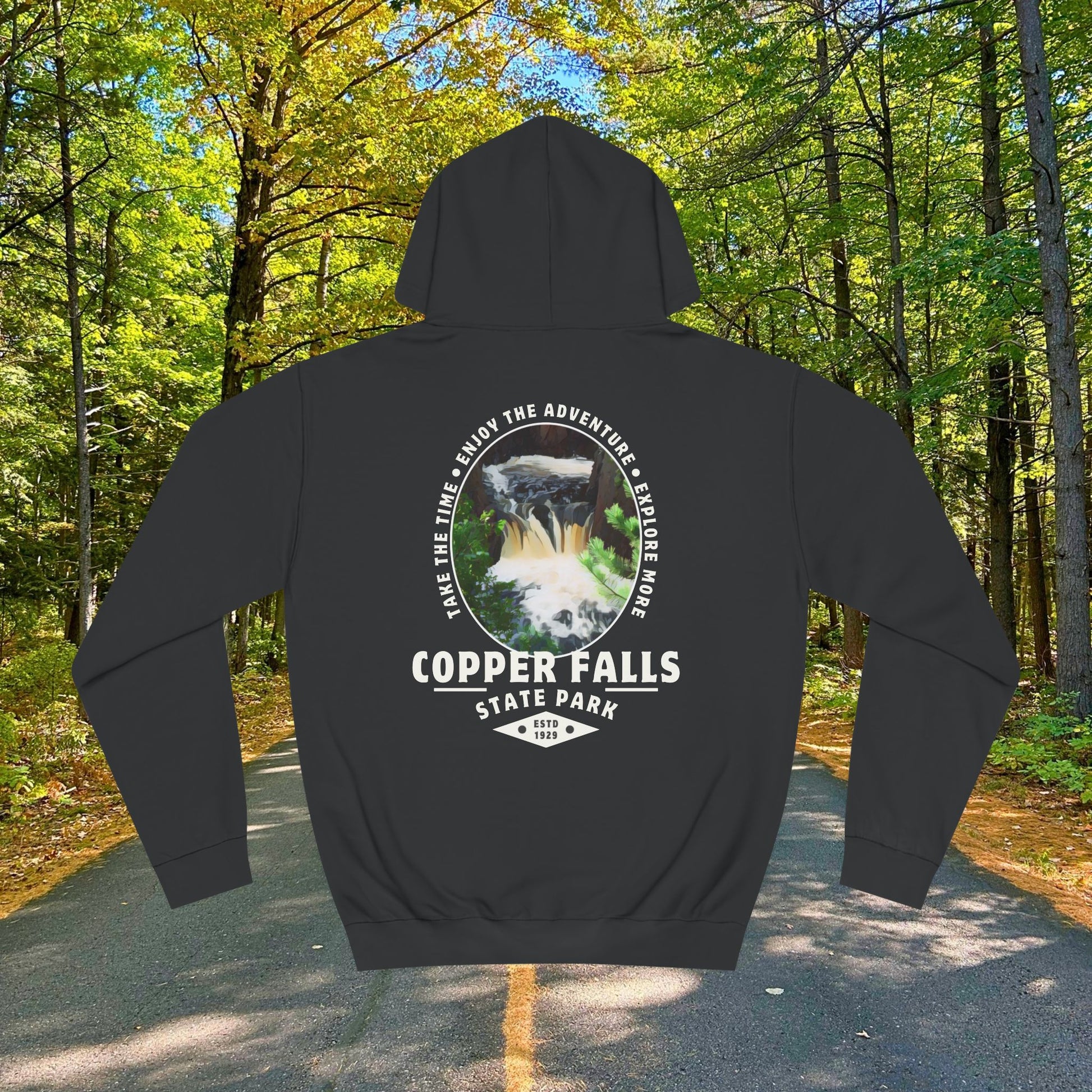 Copper falls sweatshirt front design in jet black. 
