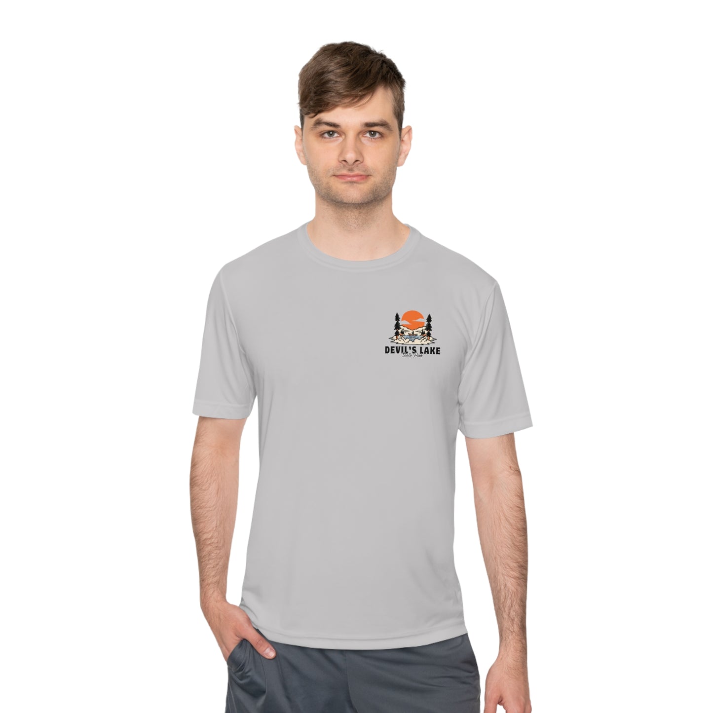 Silver Devil’s Lake Unisex Moisture Wicking Tee Front