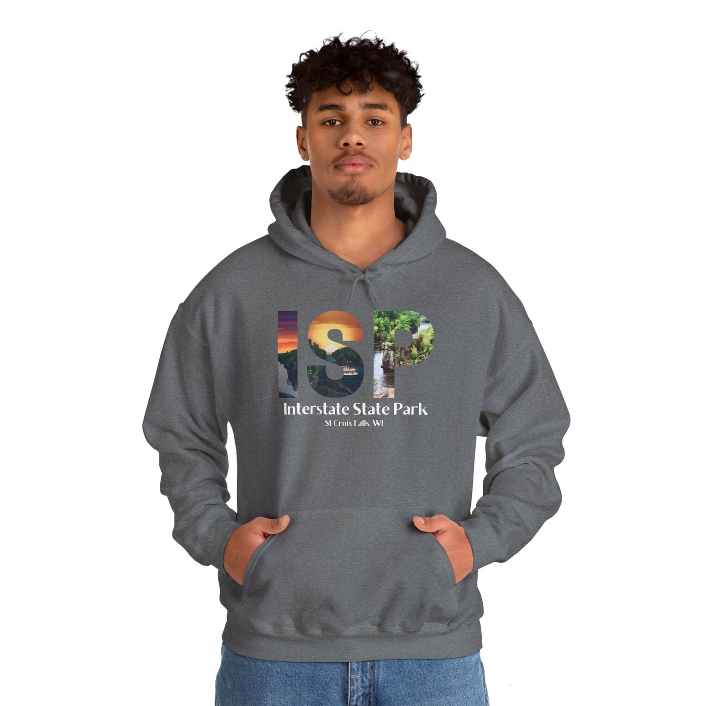 Male wearing a graphite heather colored hoodie featuring a ISP logo design with artistic prints and the text: Interstate State Park - St Croix Falls, WI”.  
