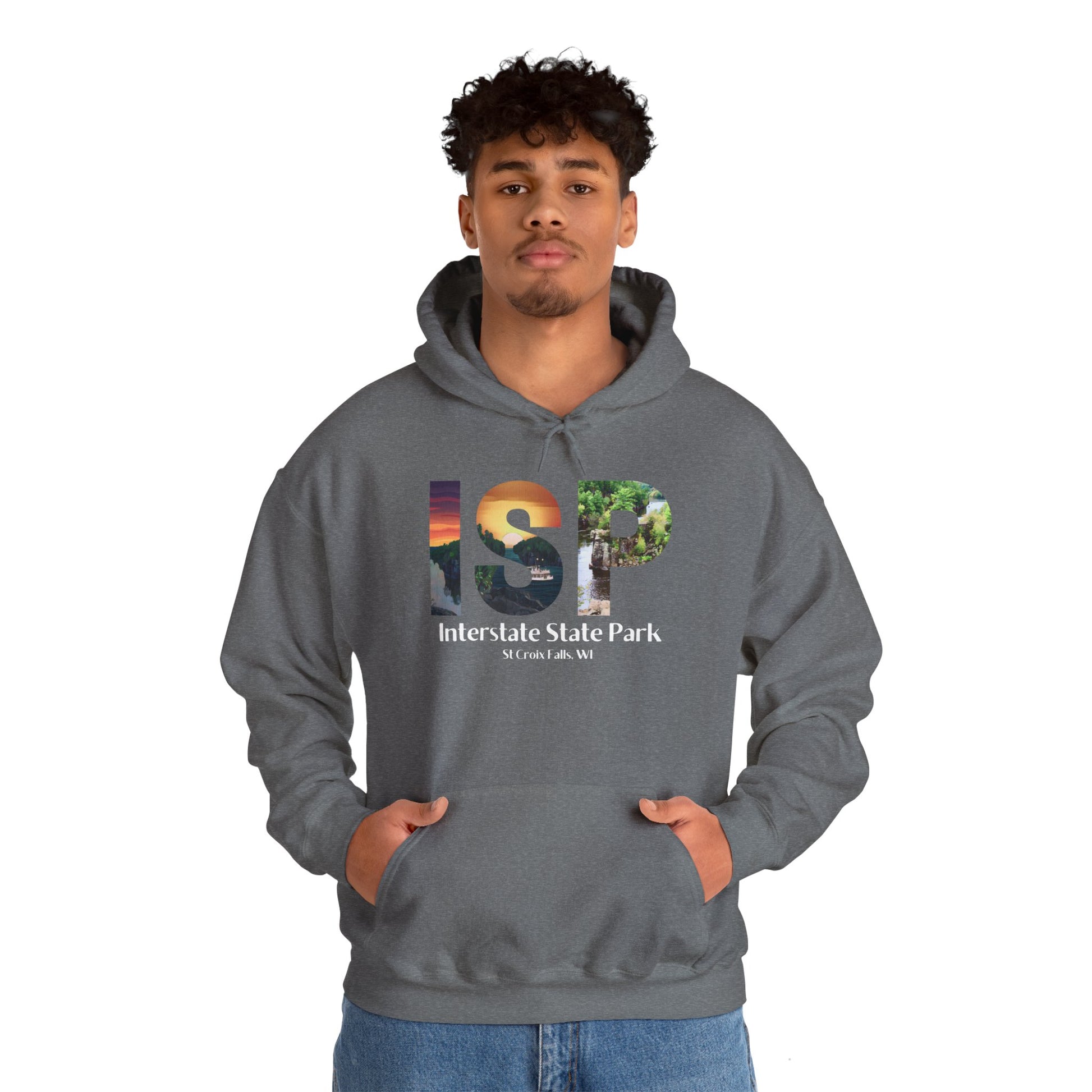 Male wearing a graphite heather colored hoodie featuring a ISP logo design with artistic prints and the text: Interstate State Park - St Croix Falls, WI”.  