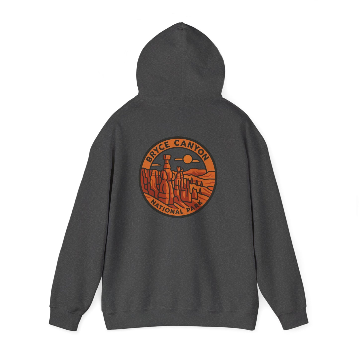 Gray hoodie with Bryce Canyon National Park logo on the back against a white background