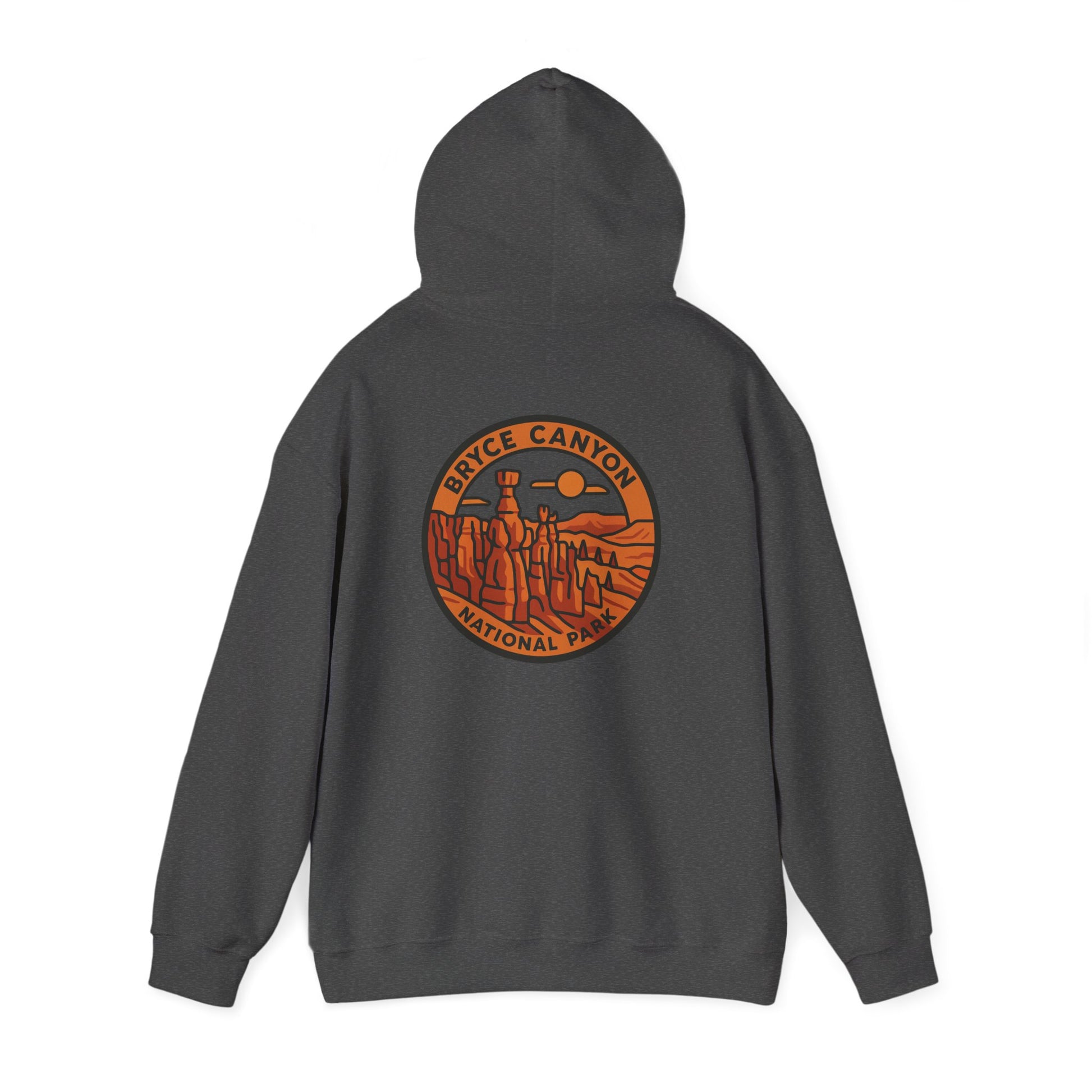 Gray hoodie with Bryce Canyon National Park logo on the back against a white background