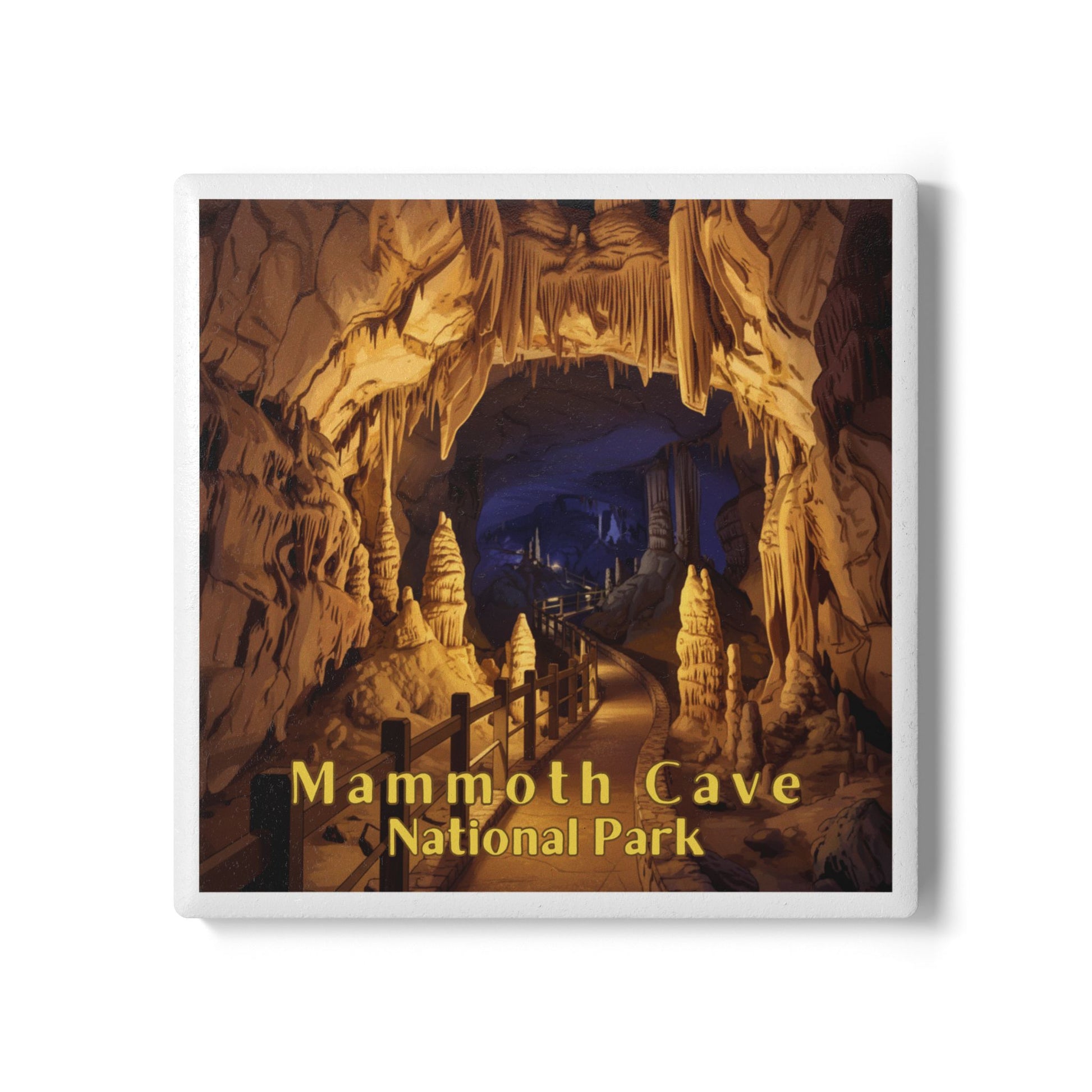 Ceramic coaster with design of Mammoth Cave National Park with cave interior and text.