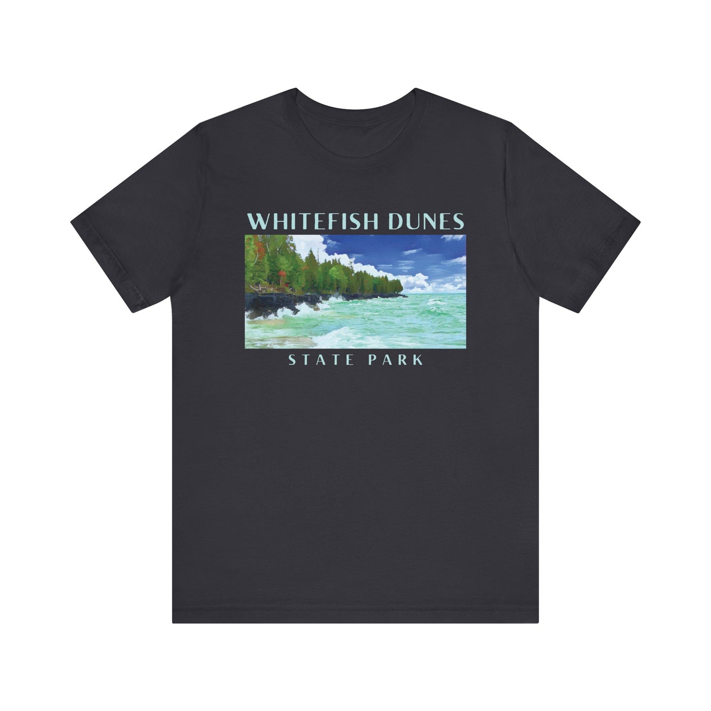Dark Gray t-shirt with a scenic graphic and 'Whitefish Dunes State Park' text on a white background