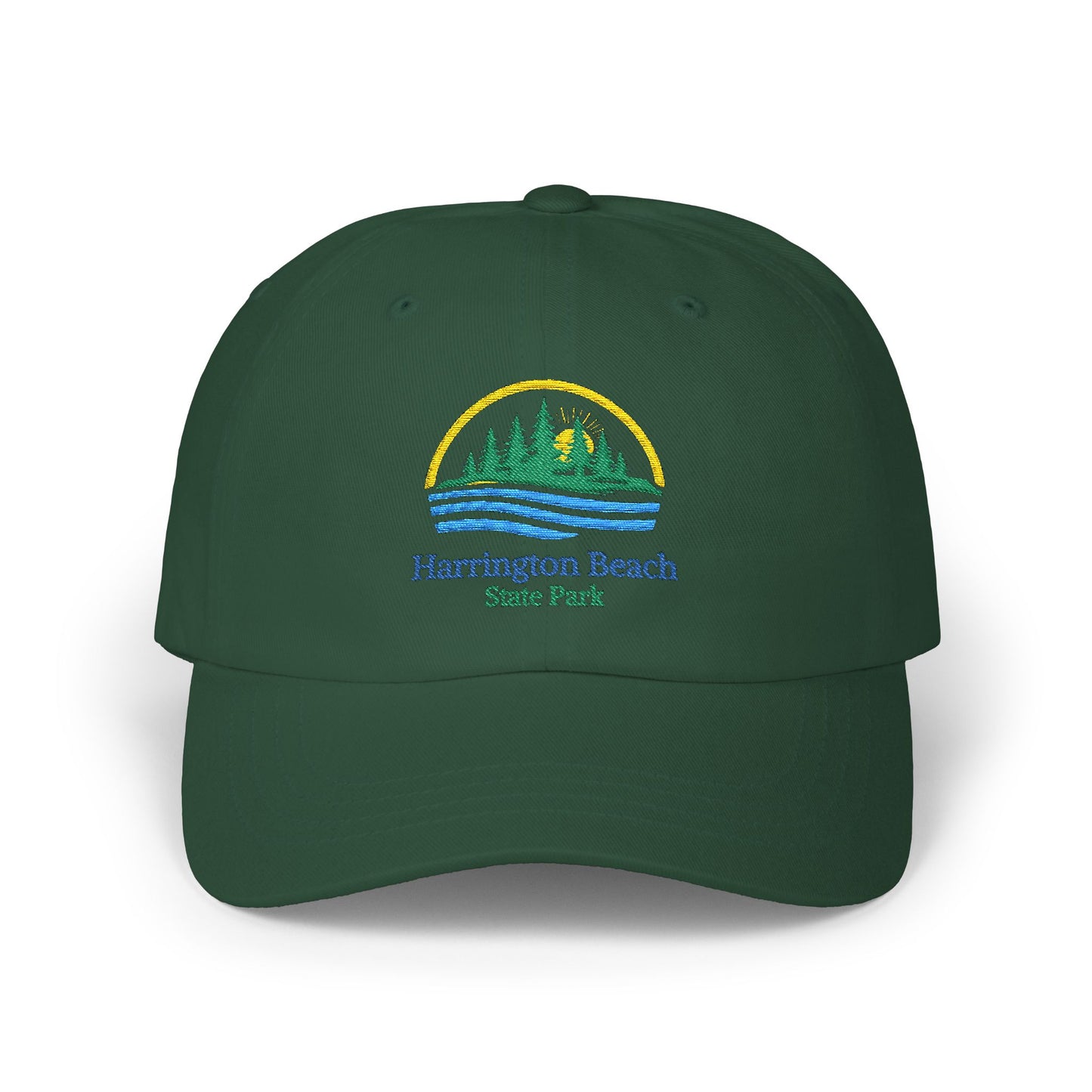 Spruce cap with Harrington Beach State Park logo on a white background