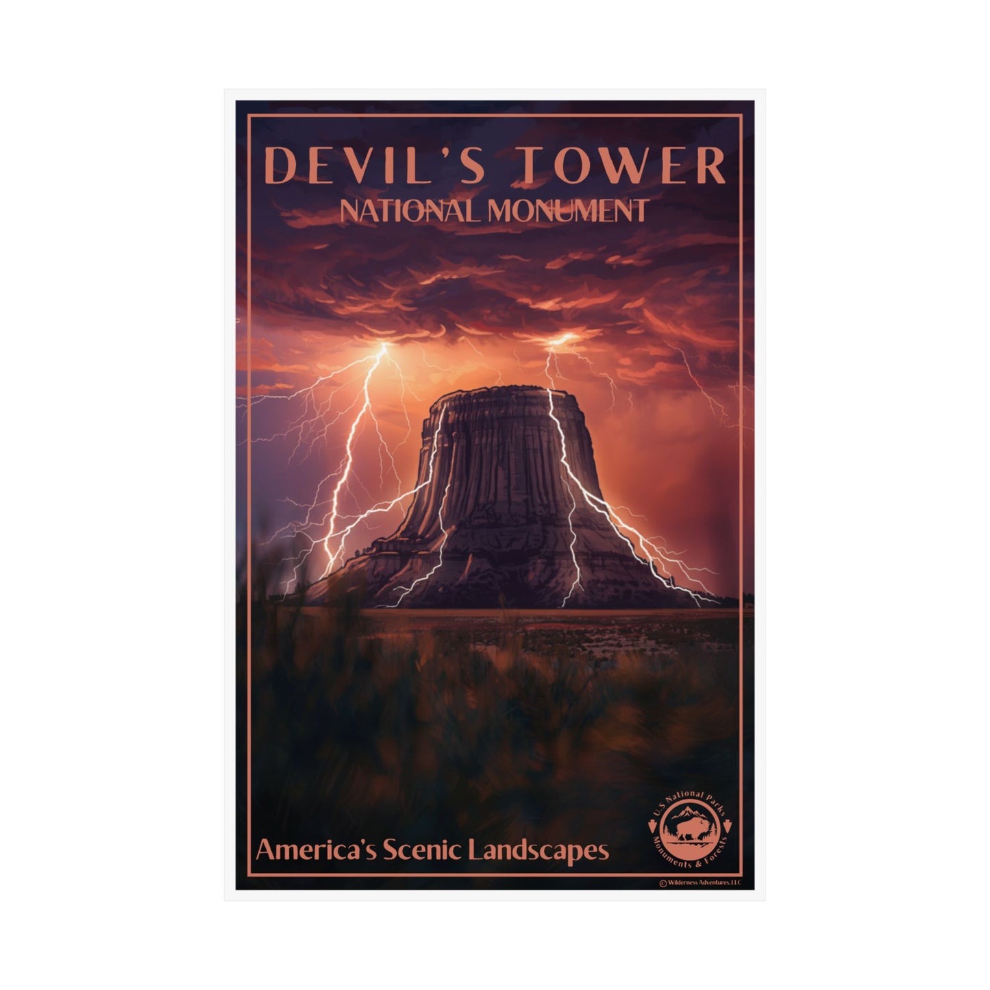 Poster depicting devils tower during a lightning storm.