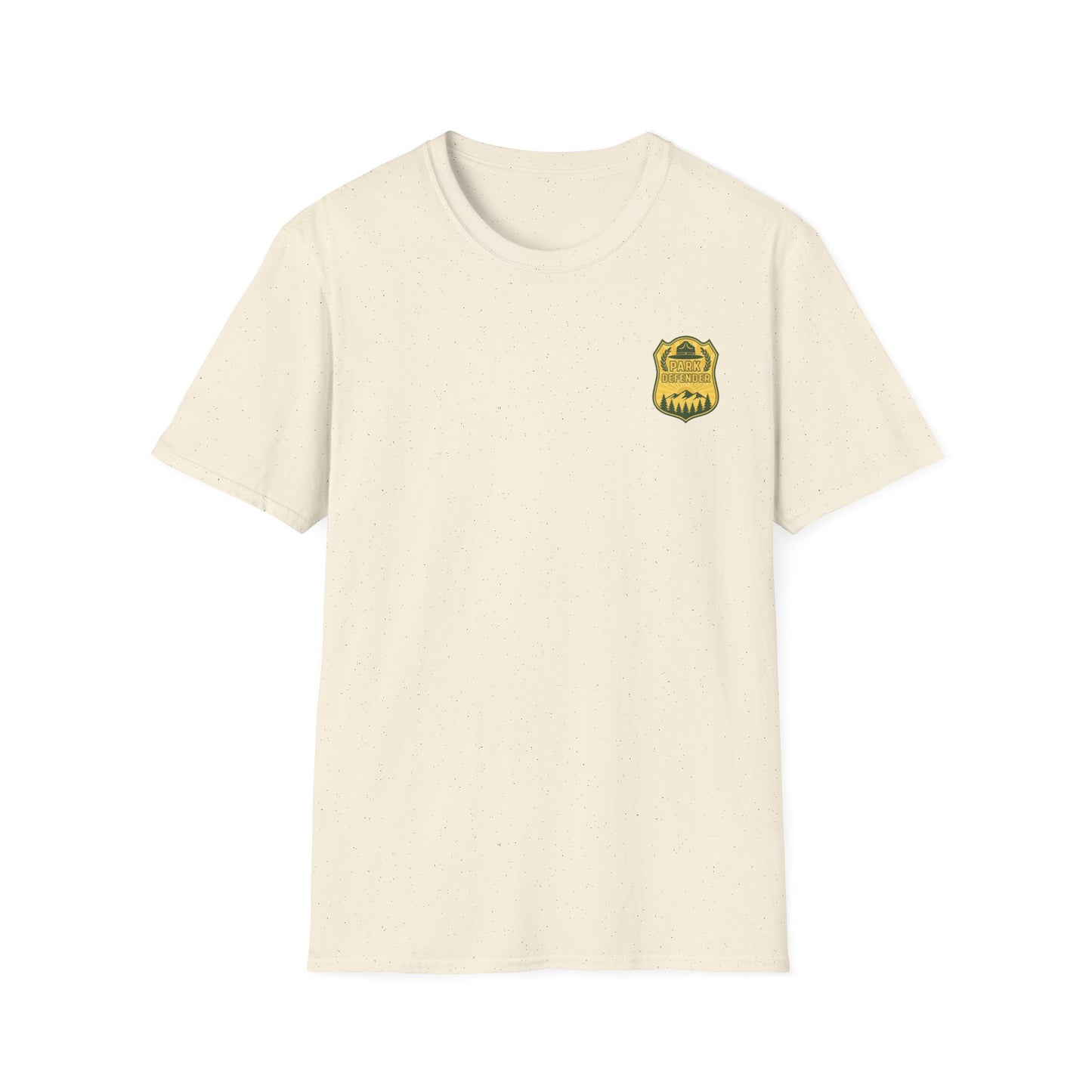 Beige t-shirt with a logo on the chest against a white background
