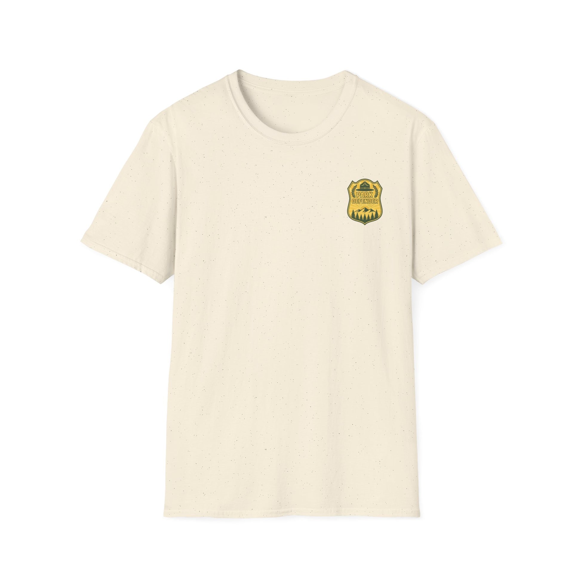 Beige t-shirt with a logo on the chest against a white background