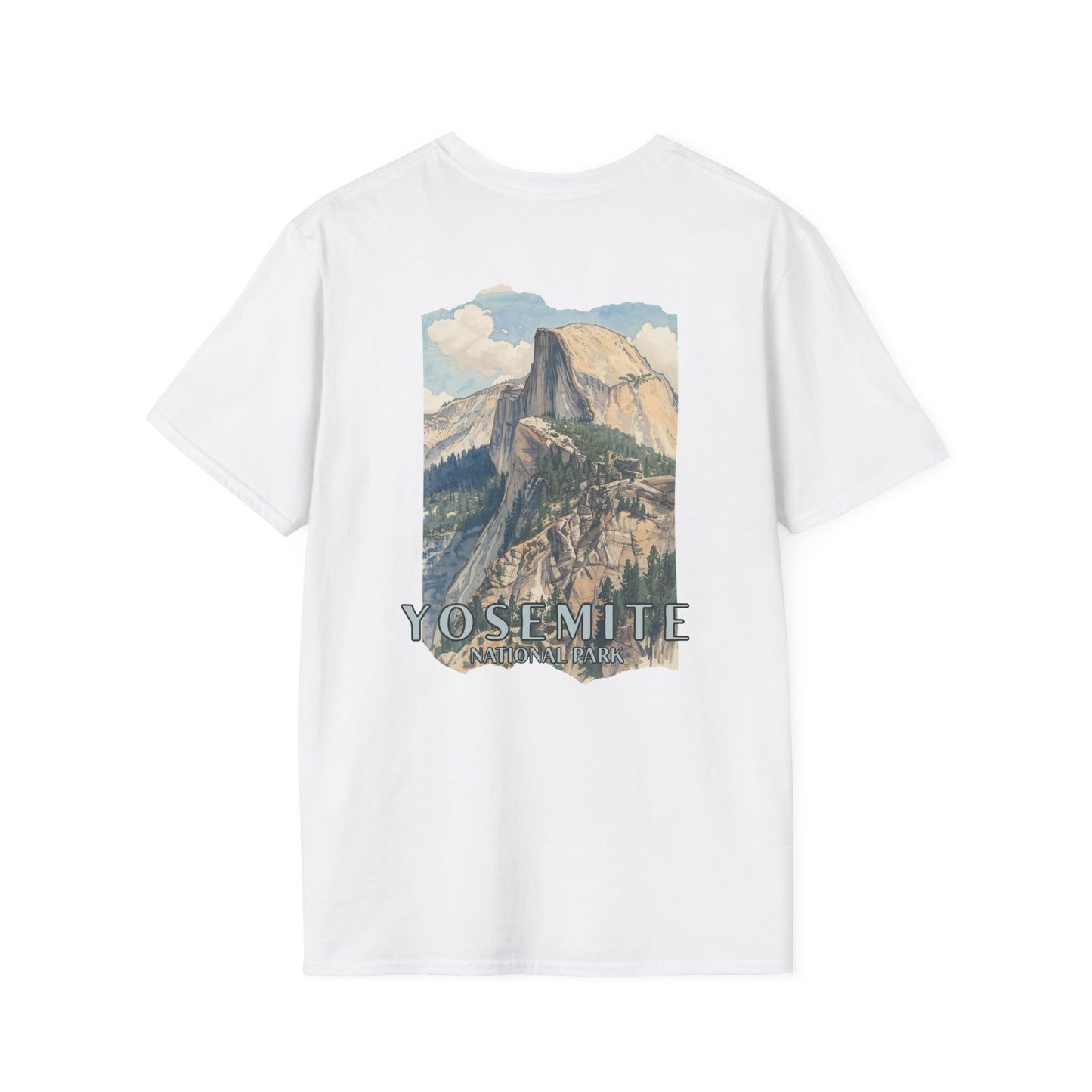 White t-shirt with Yosemite National Park graphic on a white background