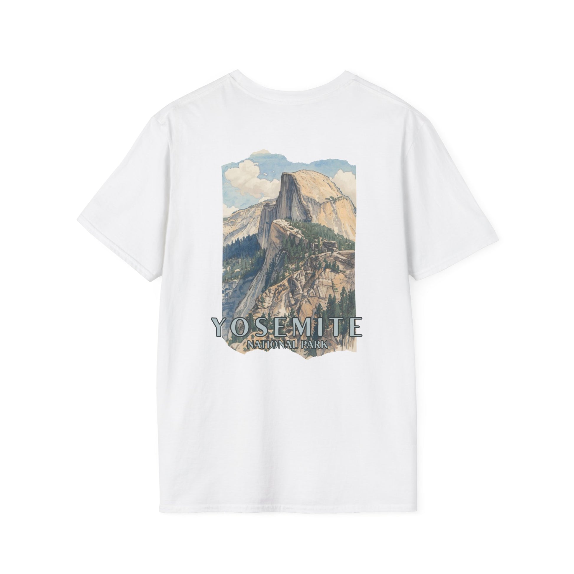 White t-shirt with Yosemite National Park graphic on a white background