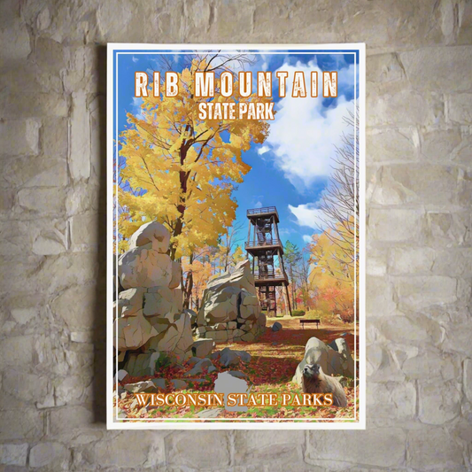 12x18 Rib Mountain State Park Retro poster depicting the observation tower and fall leaf color.