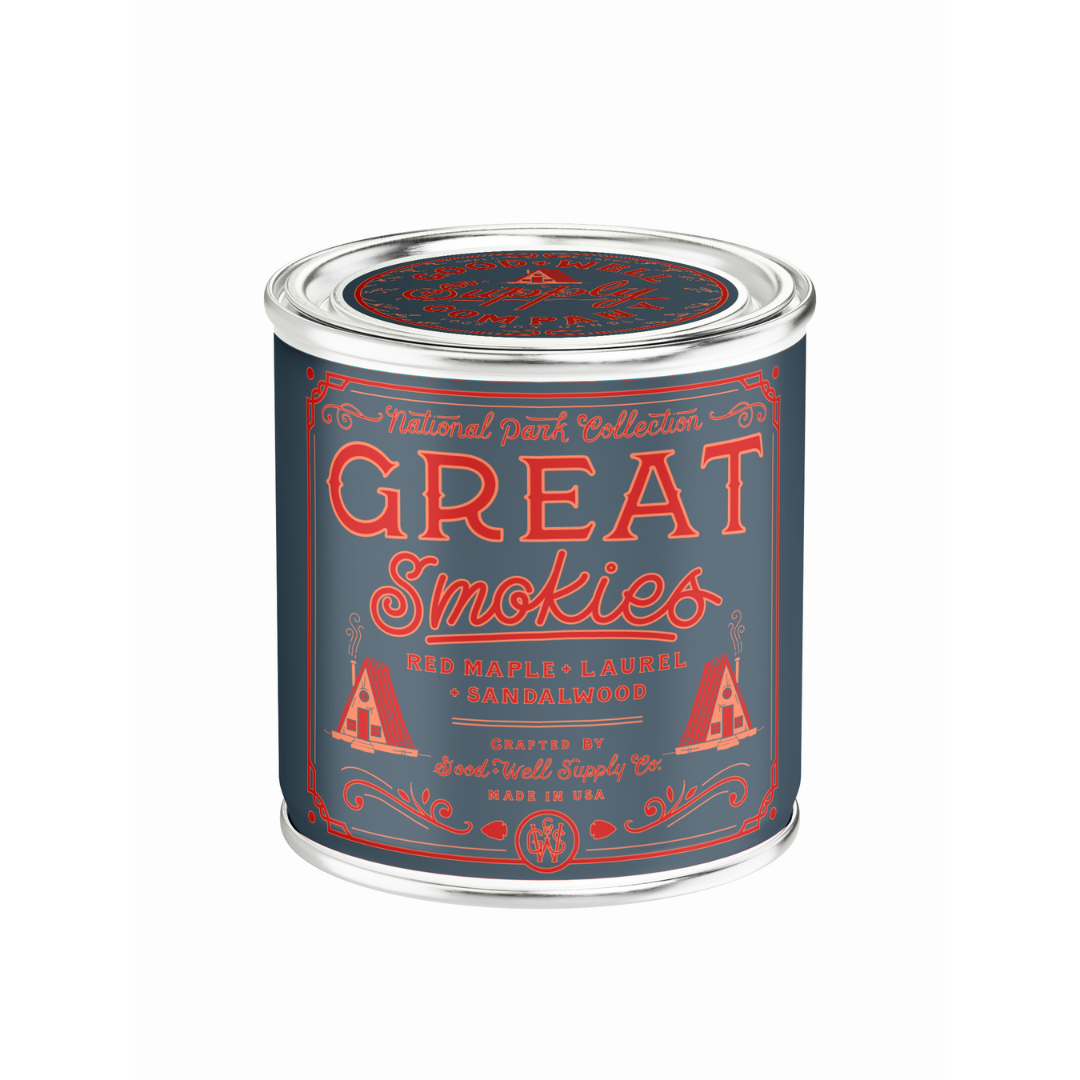 Can of Great Smokies candle with red and white text on a blue background