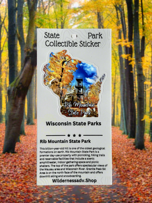 Wisconsin shaped sticker depicting the observation tower at Rib Mountain State Park and the trees in fall leaf color.