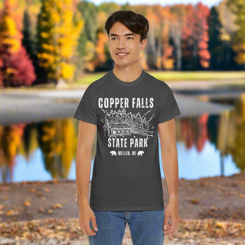 Copper Falls CCC tee front in dark heather.
