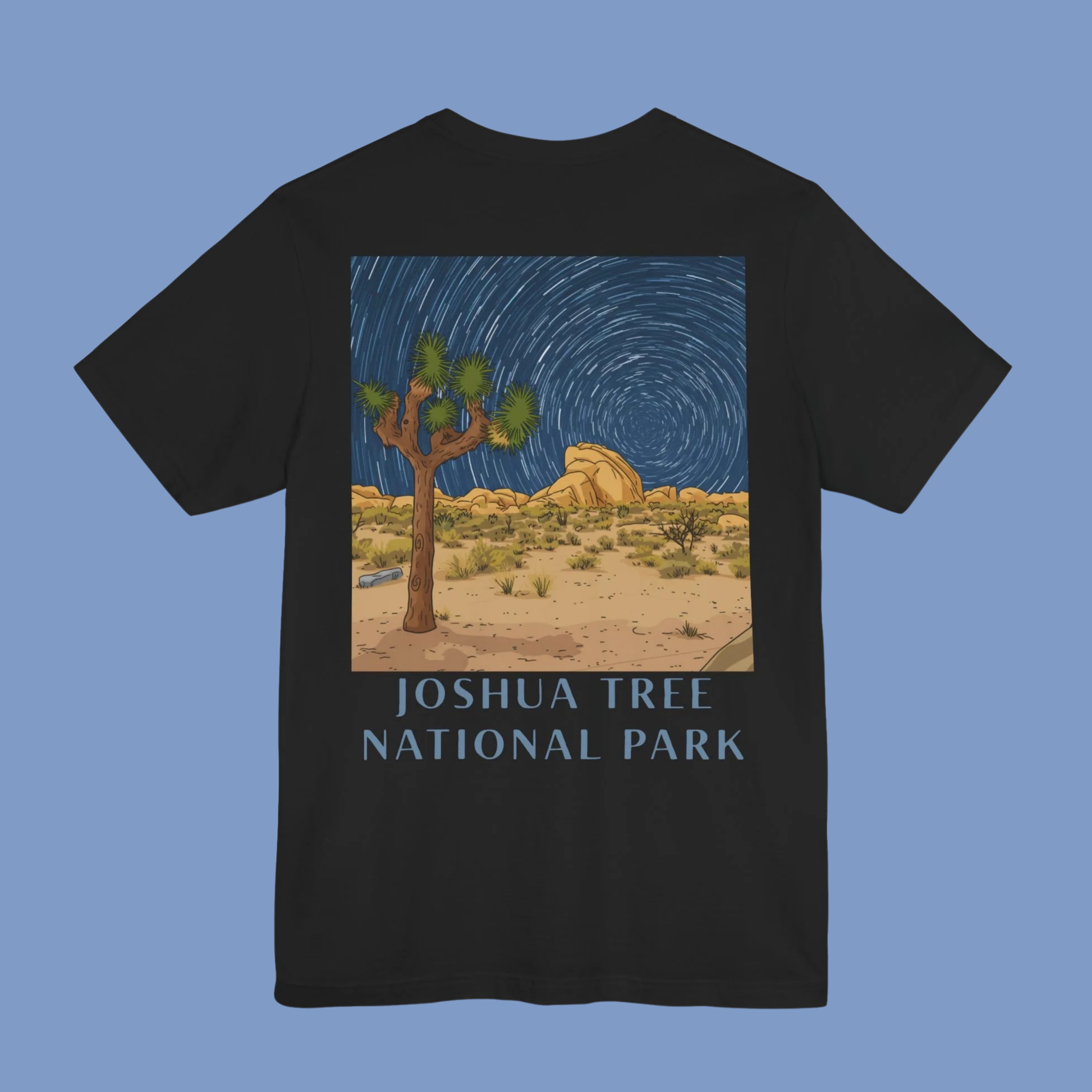 Black t-shirt with a Joshua Tree National Park graphic on a blue background