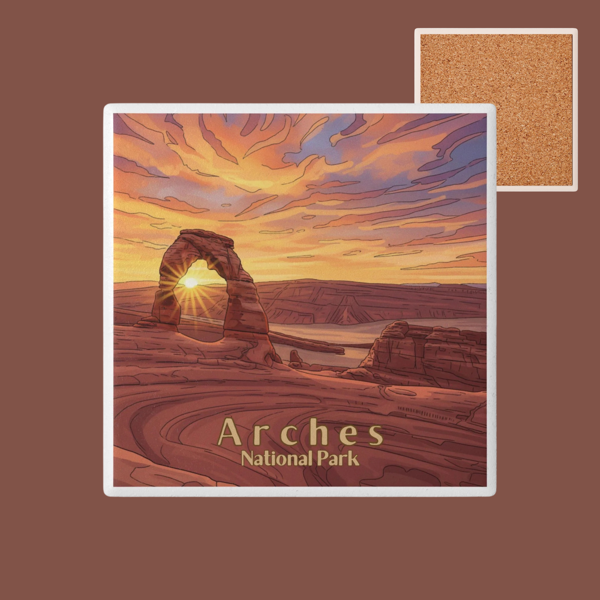 Illustration of Arches National Park with a sunset over a sandstone arch.