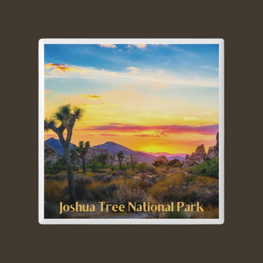 Ceramic coaster featuring Desert landscape with Joshua trees and mountains at sunset, labeled 'Joshua Tree National Park'.
