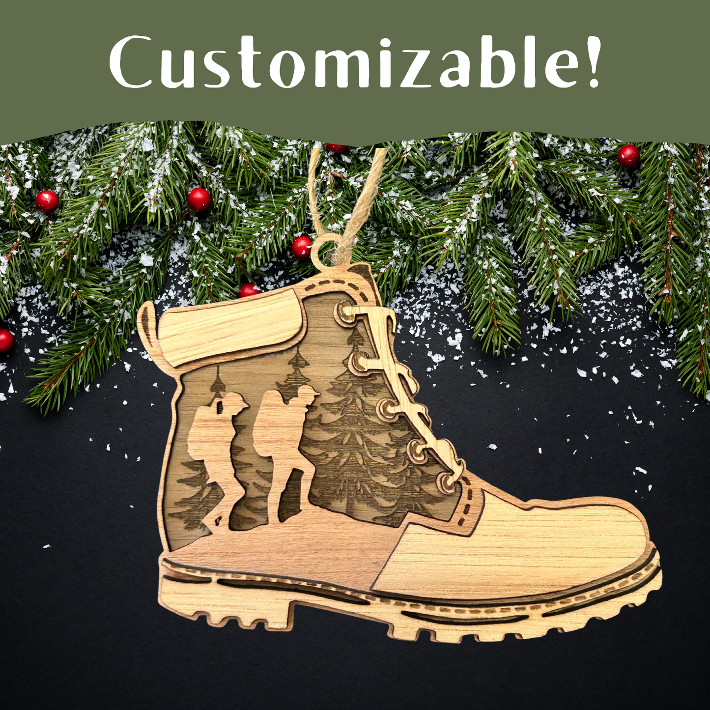 Multilayered wood ornament in the shape of a hiking boot with customizable text against a Christmas background.