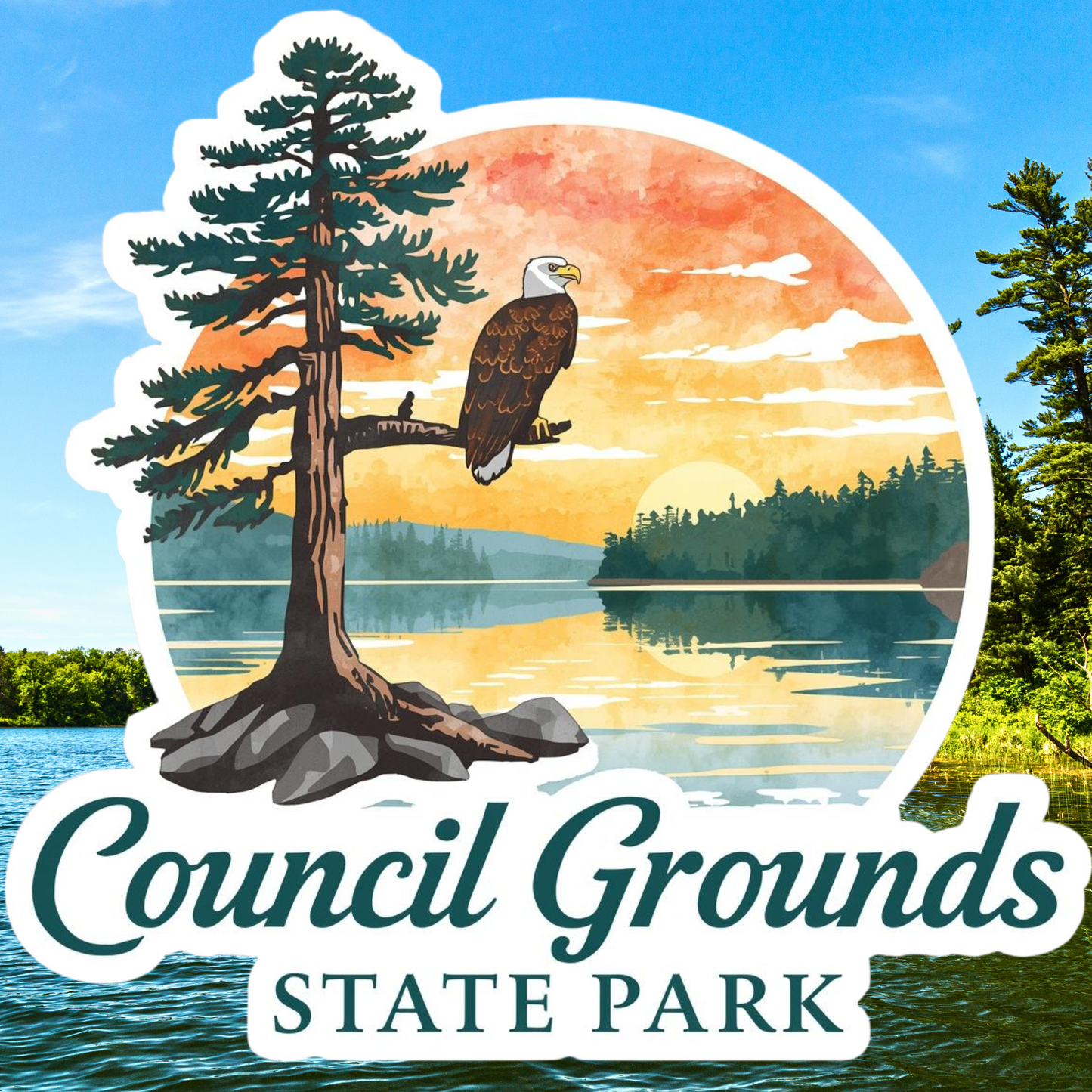 Sticker design of Council Grounds State Park with an eagle, tree, and sunset over water.