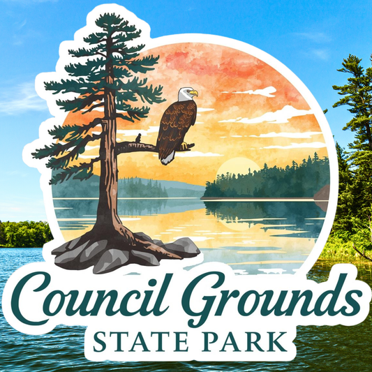 Sticker design of Council Grounds State Park with an eagle, tree, and sunset over water.