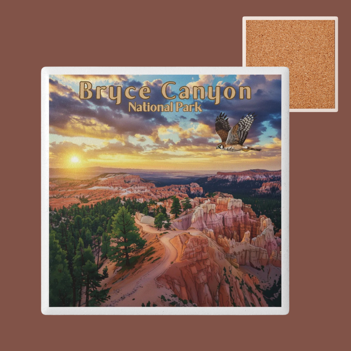 Ceramic coaster of Bryce Canyon National Park with a sunset and hawk, on a brown background.