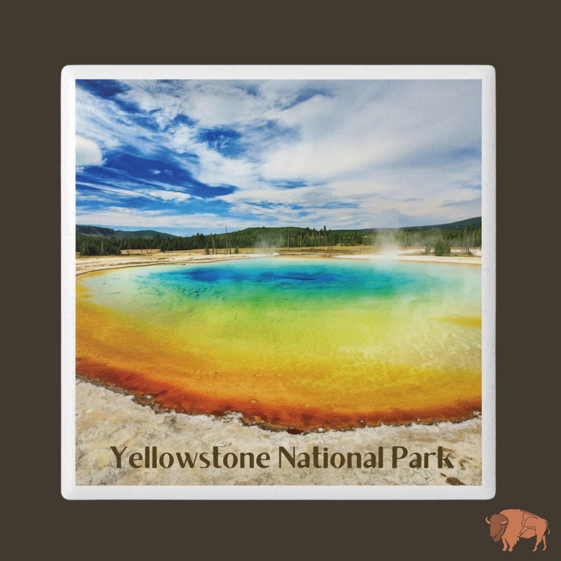 Ceramic coaster with Colorful hot spring with 'Yellowstone National Park' text on a dark background