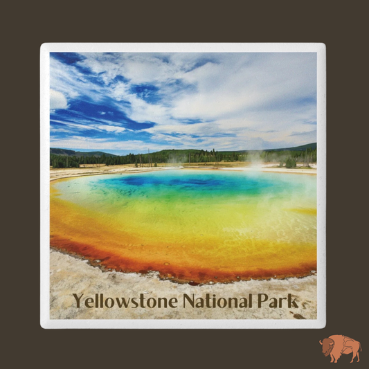 Ceramic coaster with Colorful hot spring with 'Yellowstone National Park' text on a dark background