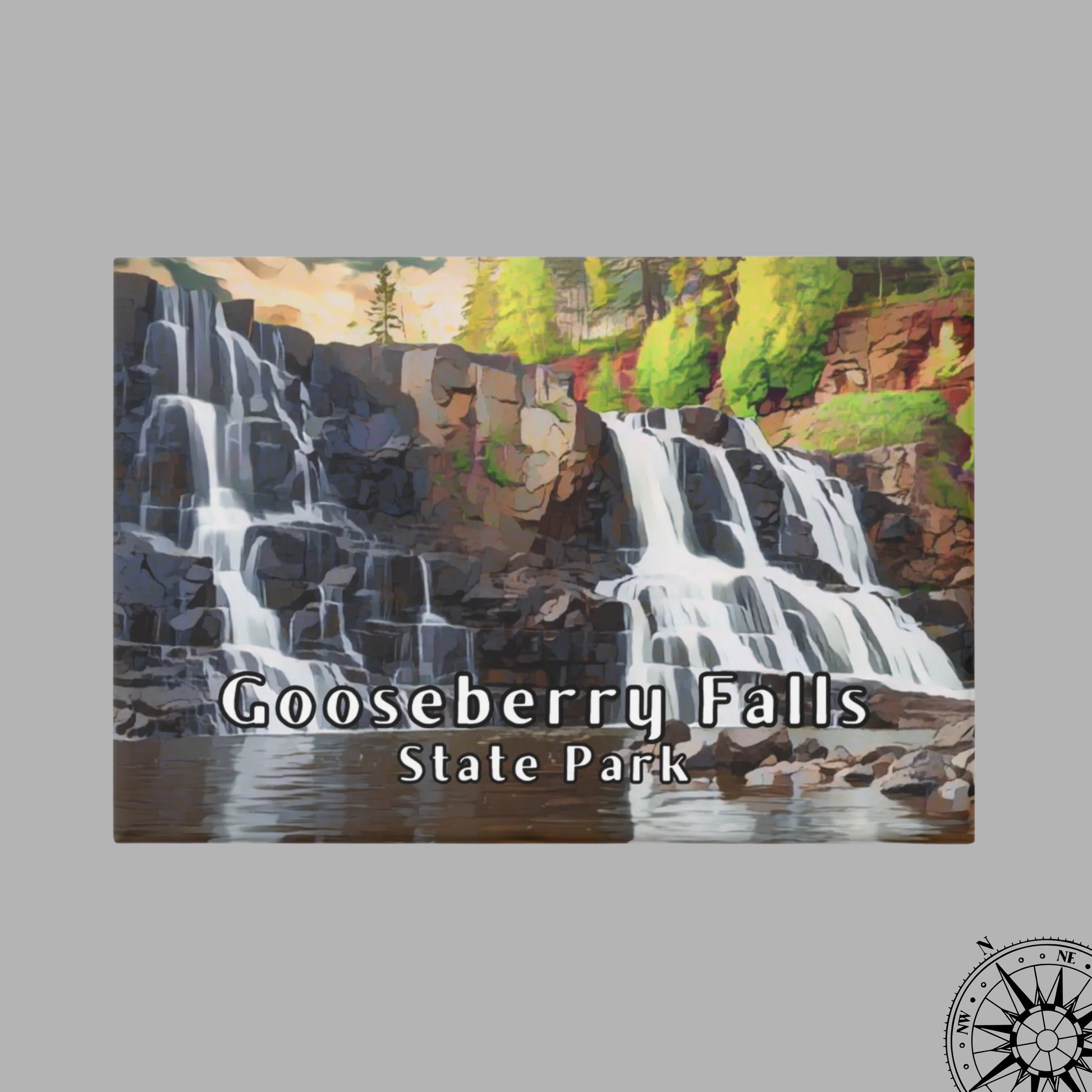 Magnet of Gooseberry Falls State Park with a waterfall and trees.