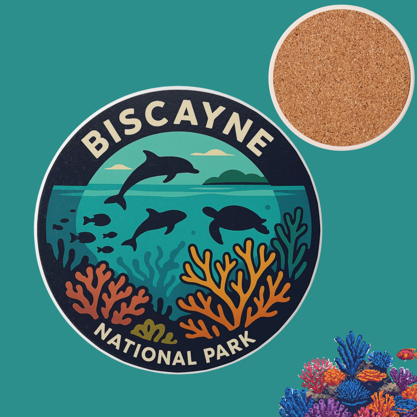 Biscayne National Park logo ceramic coaster with dolphins and coral on a teal background