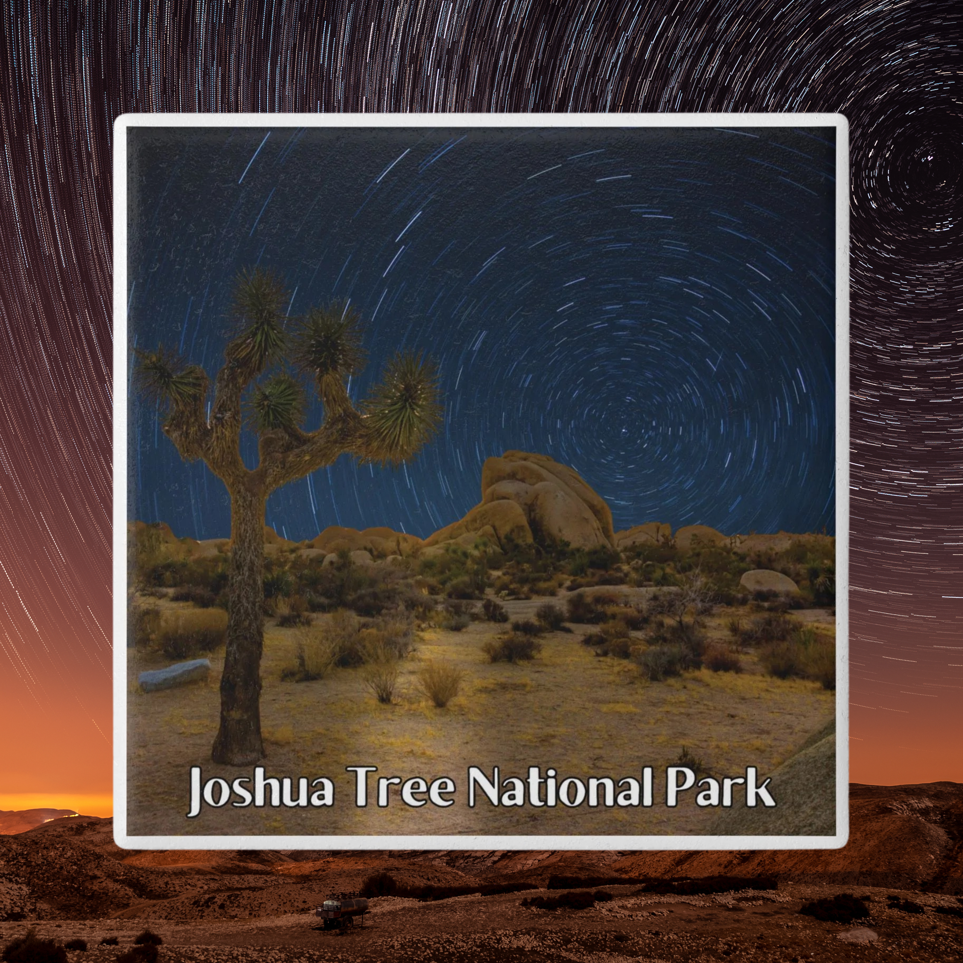 Desert landscape with Joshua Tree and star trails at Joshua Tree National Park