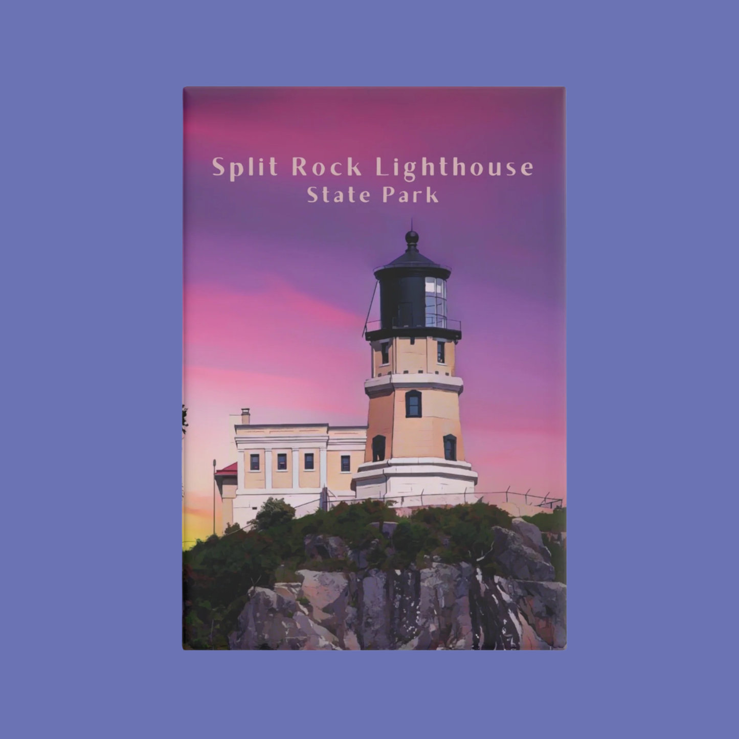 Fridge magnet with Split Rock Lighthouse State Park design on a purple background