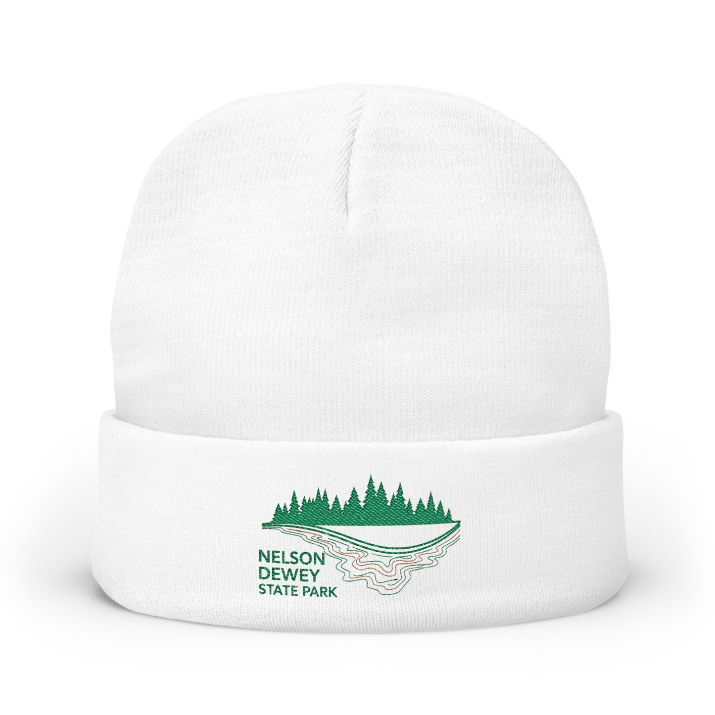 White beanie with Nelson Dewey State Park logo on a white background