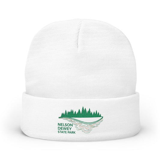 White beanie with Nelson Dewey State Park logo on a white background