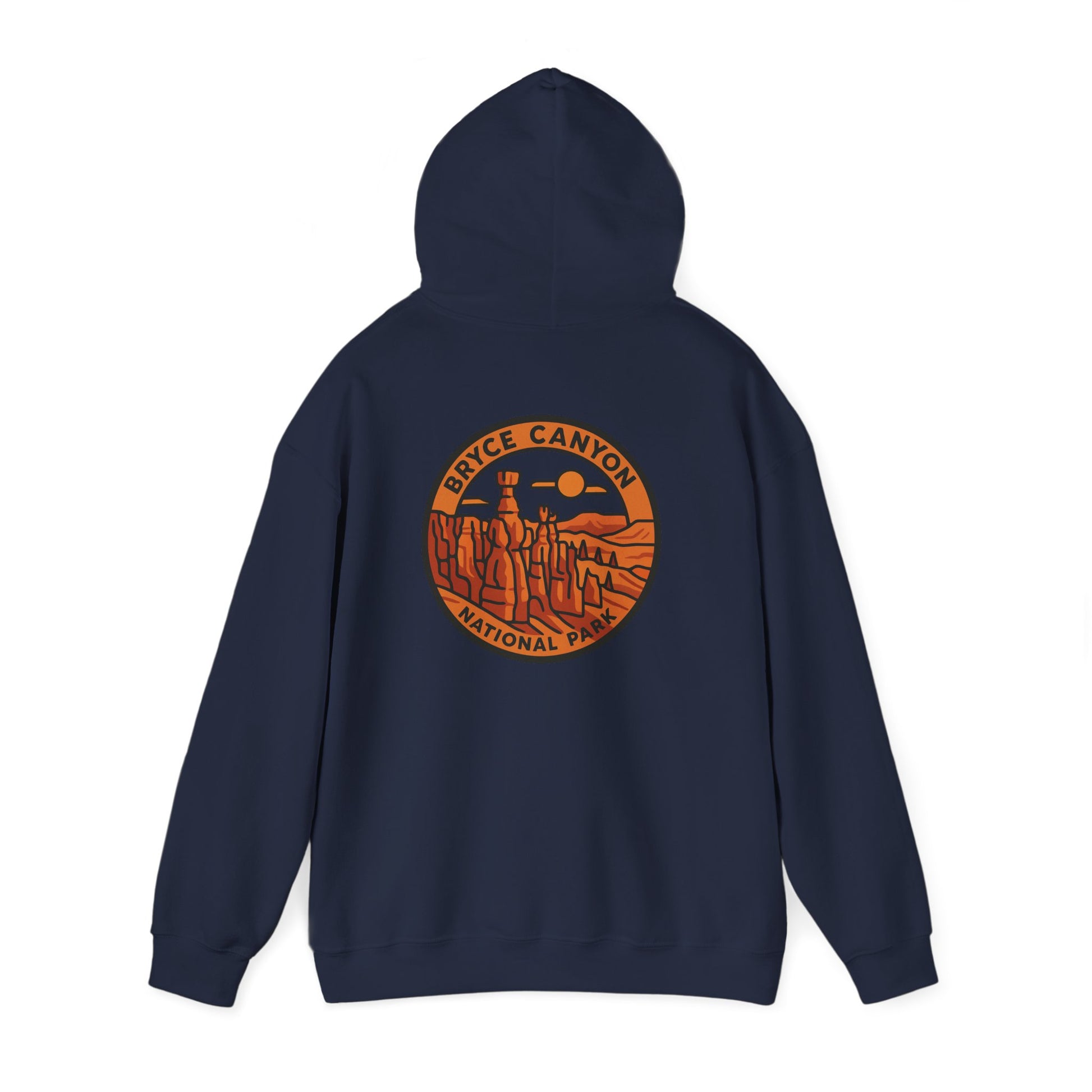 Navy blue hoodie with Bryce Canyon National Park logo on the back against a white background