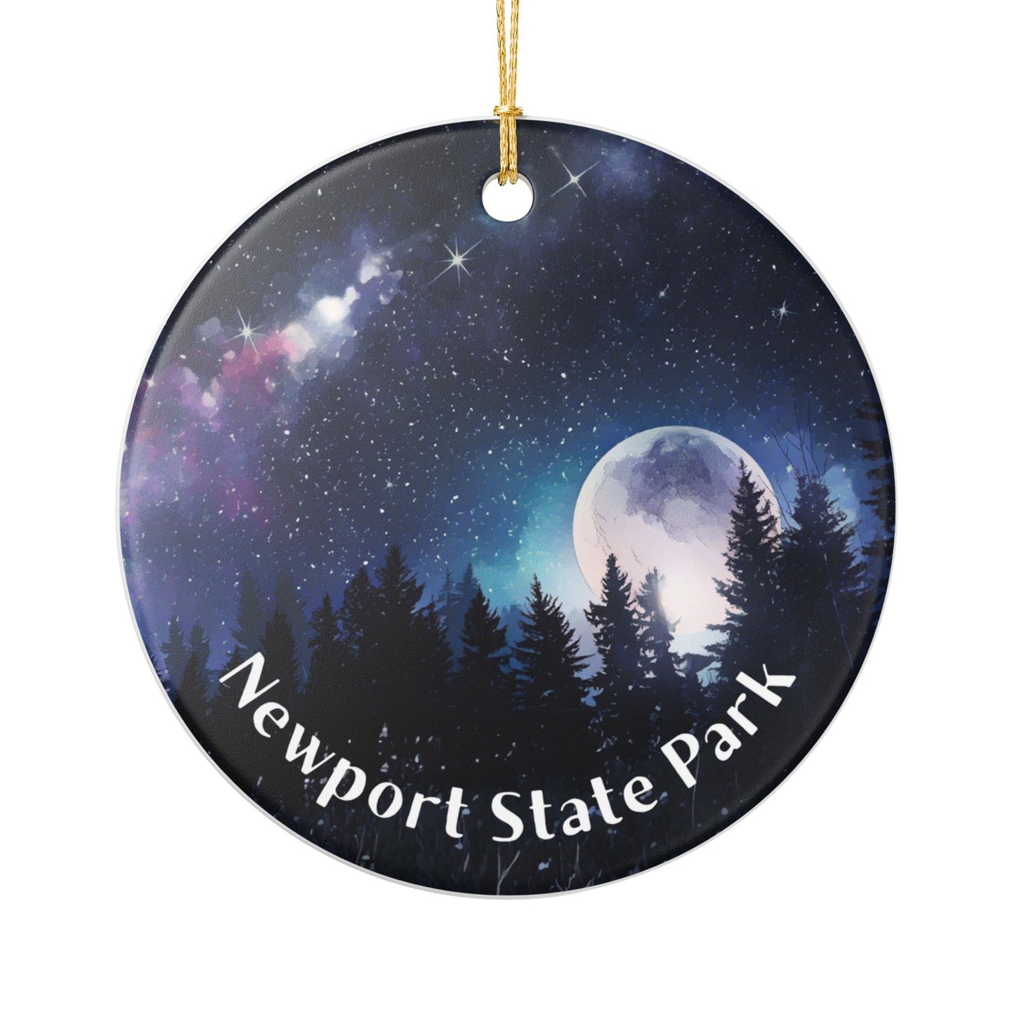 Round ceramic ornament with a night sky design and 'Newport State Park' text, featuring a moon and trees.